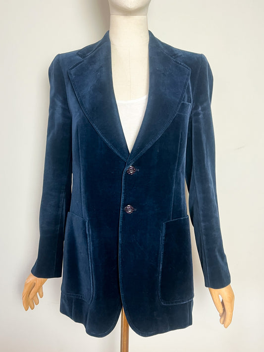 Veste Blazer Vintage années 90 Cintrée Velours de Coton Bleu Marine - Doublure Viscose - Chic Classique T40 (L)