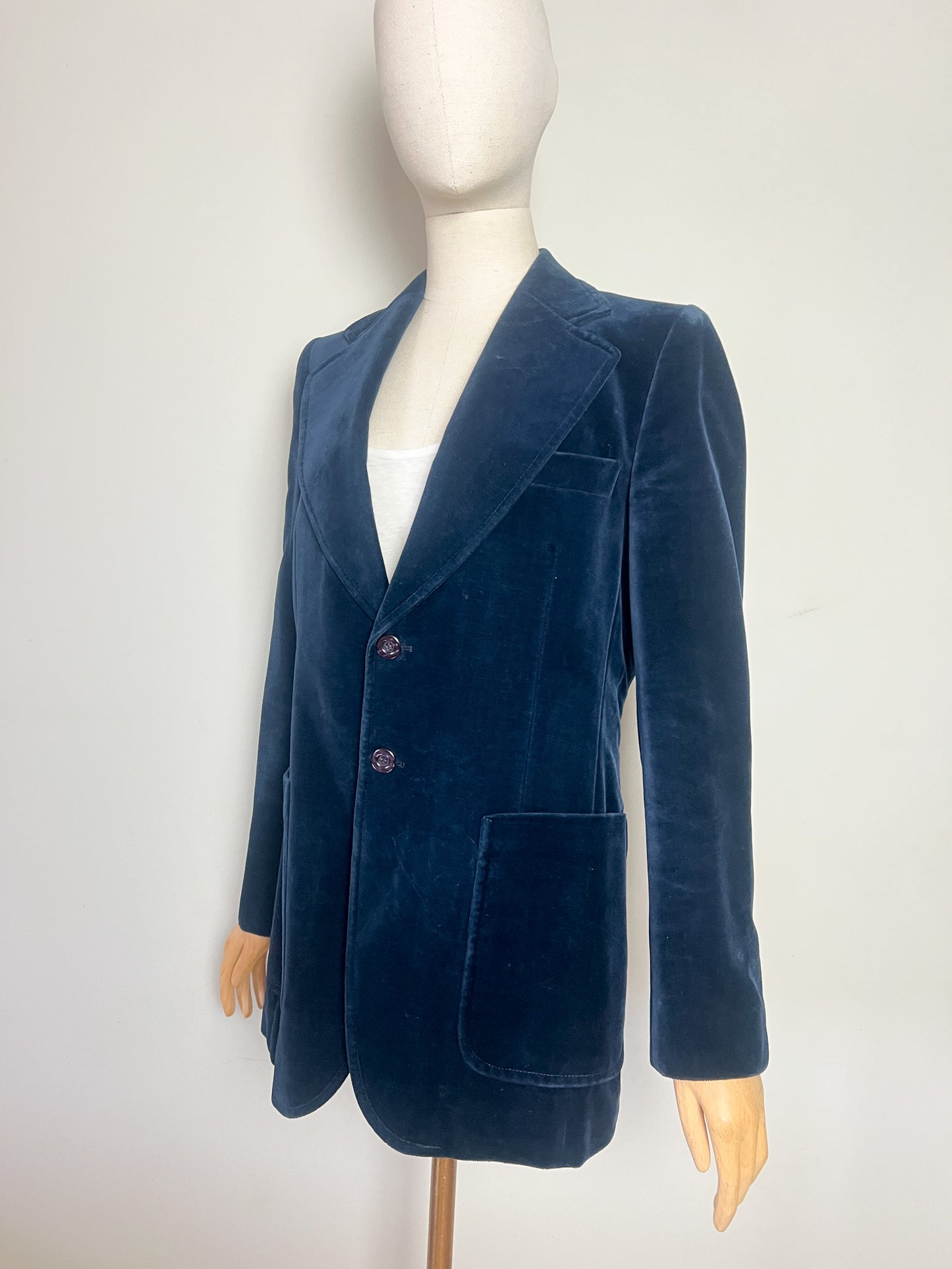 Veste Blazer Vintage années 90 Cintrée Velours de Coton Bleu Marine - Doublure Viscose - Chic Classique T40 (L)