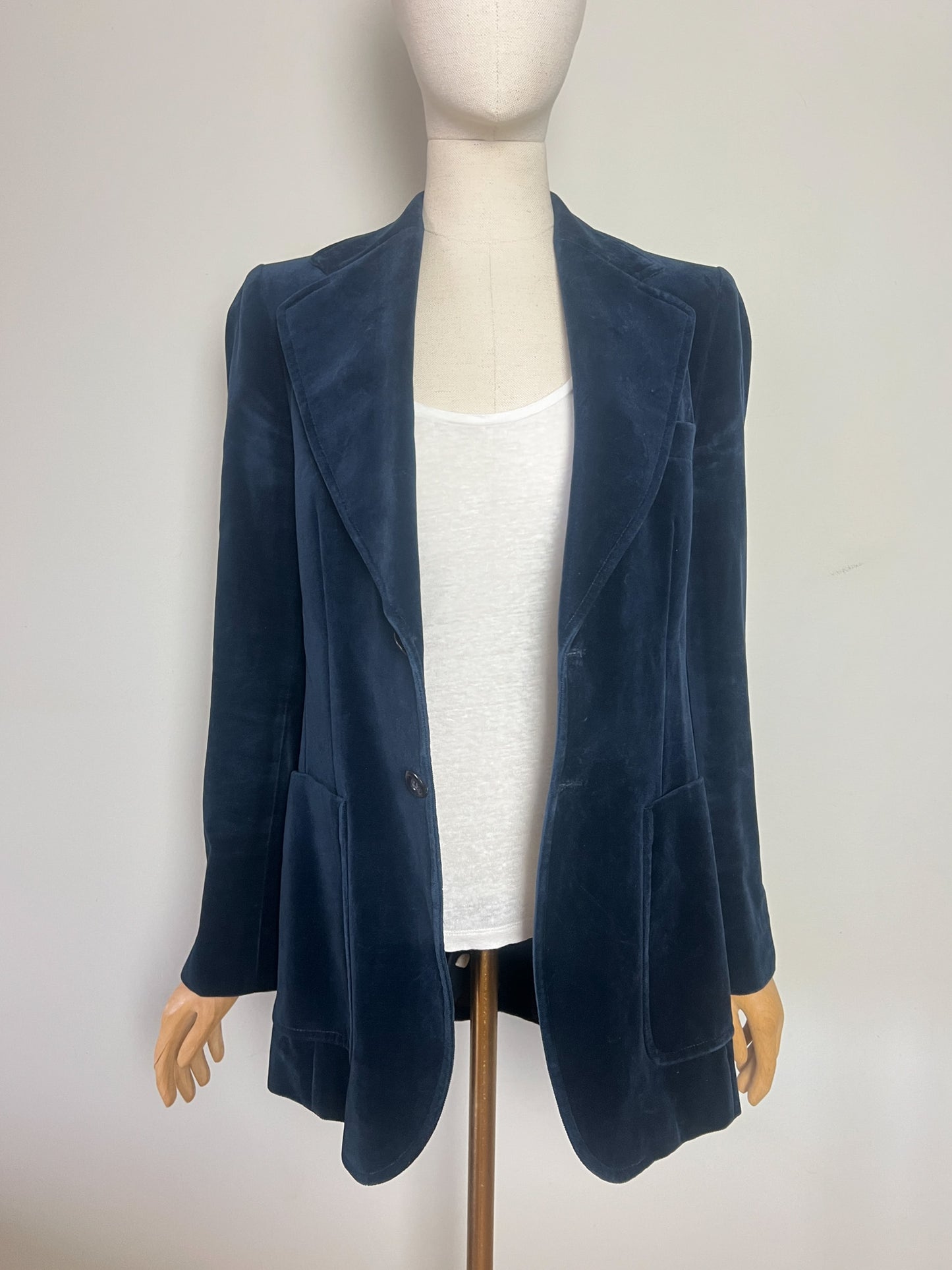 Veste Blazer Vintage années 90 Cintrée Velours de Coton Bleu Marine - Doublure Viscose - Chic Classique T40 (L)