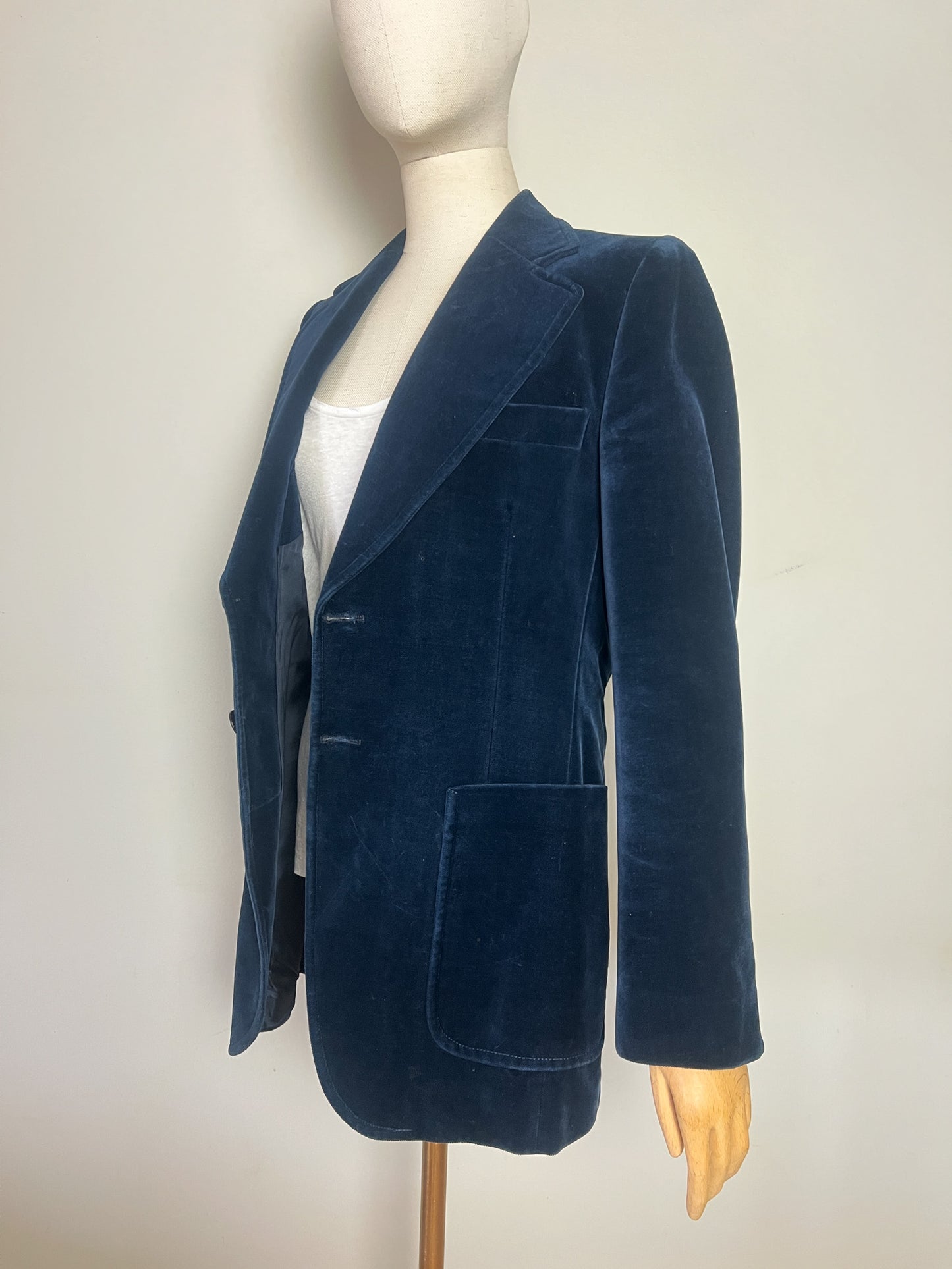 Veste Blazer Vintage années 90 Cintrée Velours de Coton Bleu Marine - Doublure Viscose - Chic Classique T40 (L)