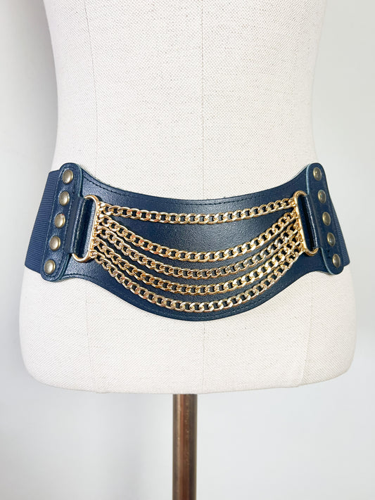 Ceinture Serre-Taille Vintage Années 80 90 Élastique Bleu Encre Empiècement et Chaînes Dorées