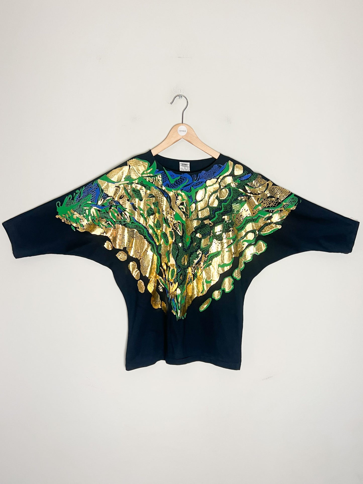 T-Shirt Vintage Années 80 Noir Imprimés Doré, Vert et bleu - Épaulettes & Manches Chauve-Souris 100% coton - T 38/40