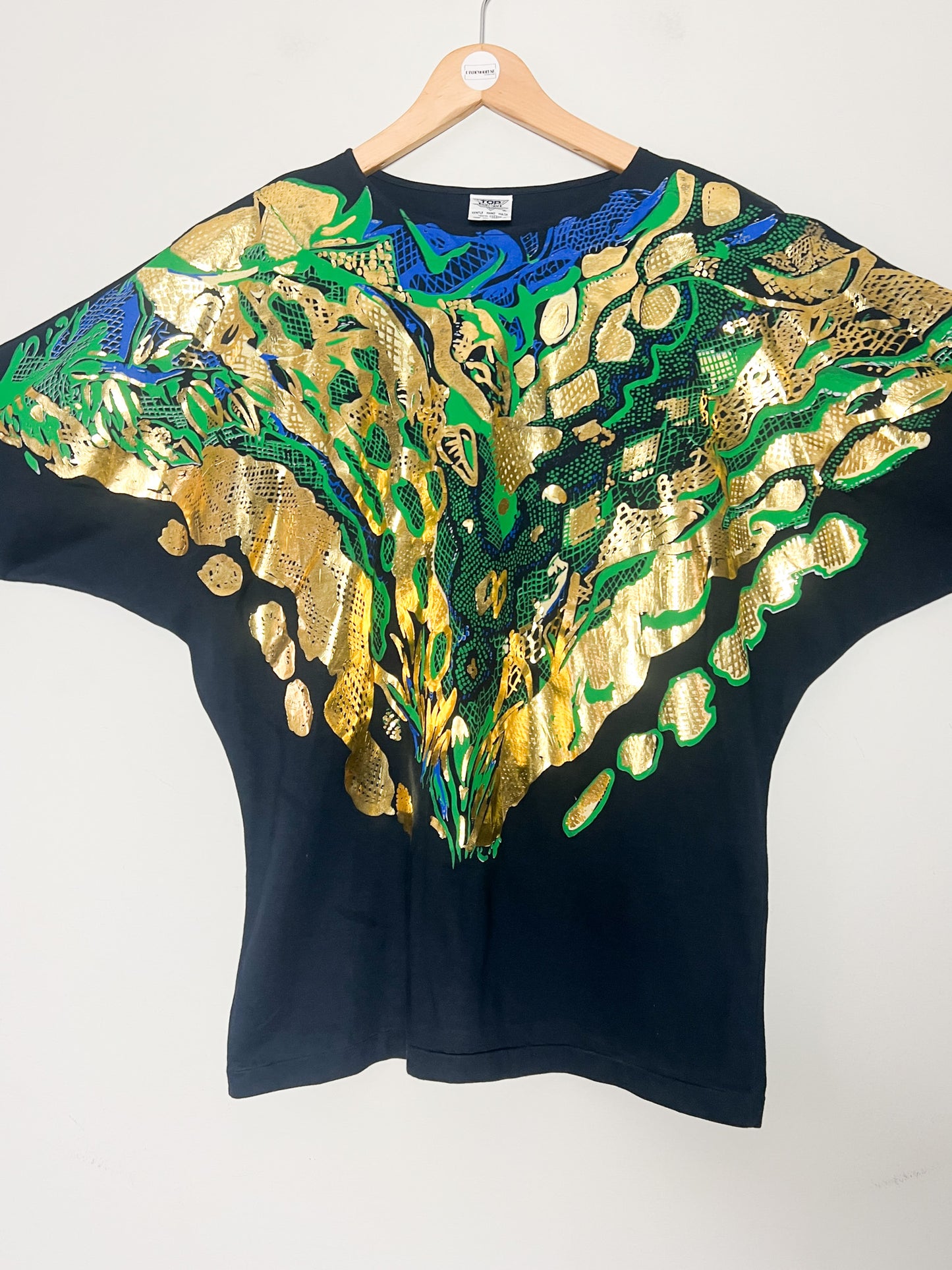 T-Shirt Vintage Années 80 Noir Imprimés Doré, Vert et bleu - Épaulettes & Manches Chauve-Souris 100% coton - T 38/40