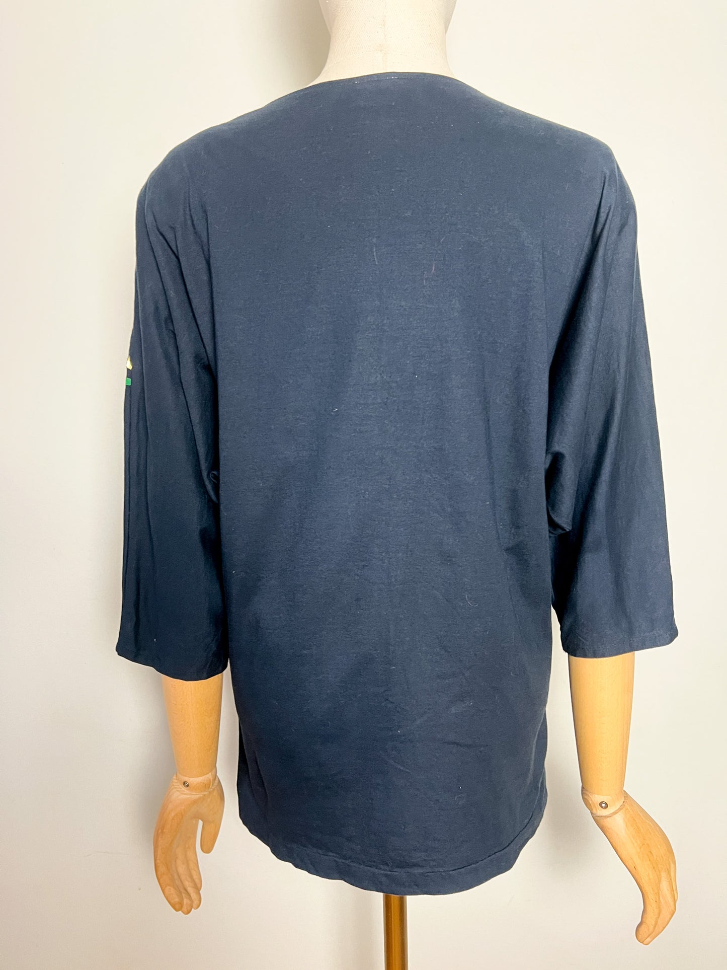 T-Shirt Vintage Années 80 Noir Imprimés Doré, Vert et bleu - Épaulettes & Manches Chauve-Souris 100% coton - T 38/40