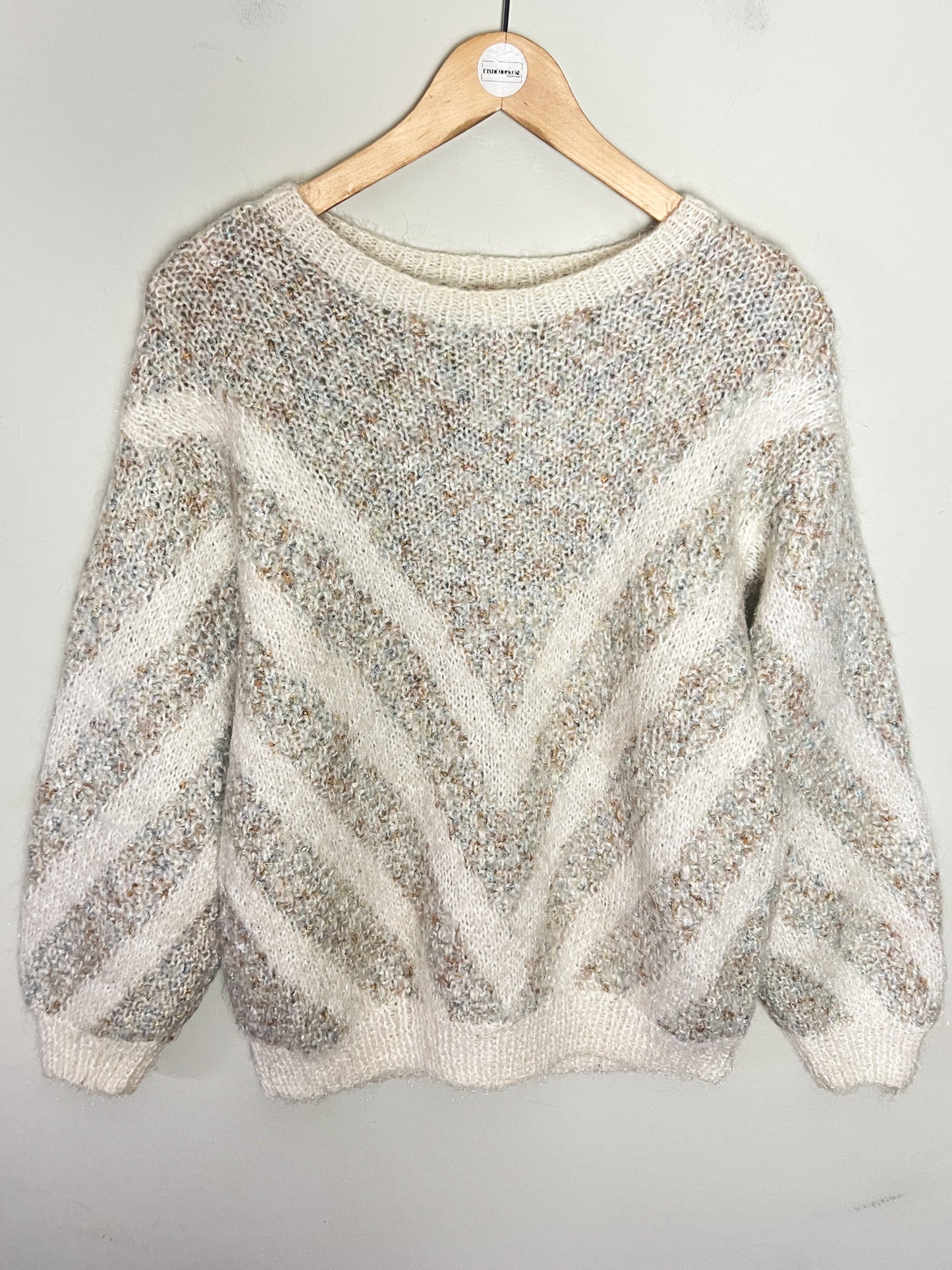 Pull Vintage Tricoté Main - Laine & Fils Métallisés Scintillants - Coupe Courte T 38 (M)
