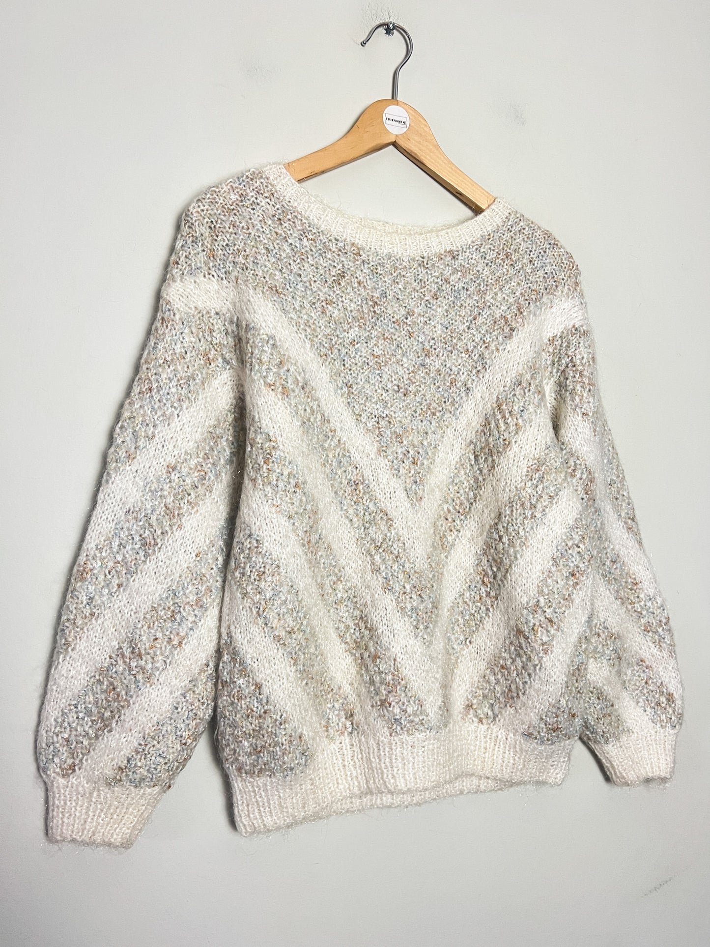 Pull Vintage Tricoté Main - Laine & Fils Métallisés Scintillants - Coupe Courte T 38 (M)