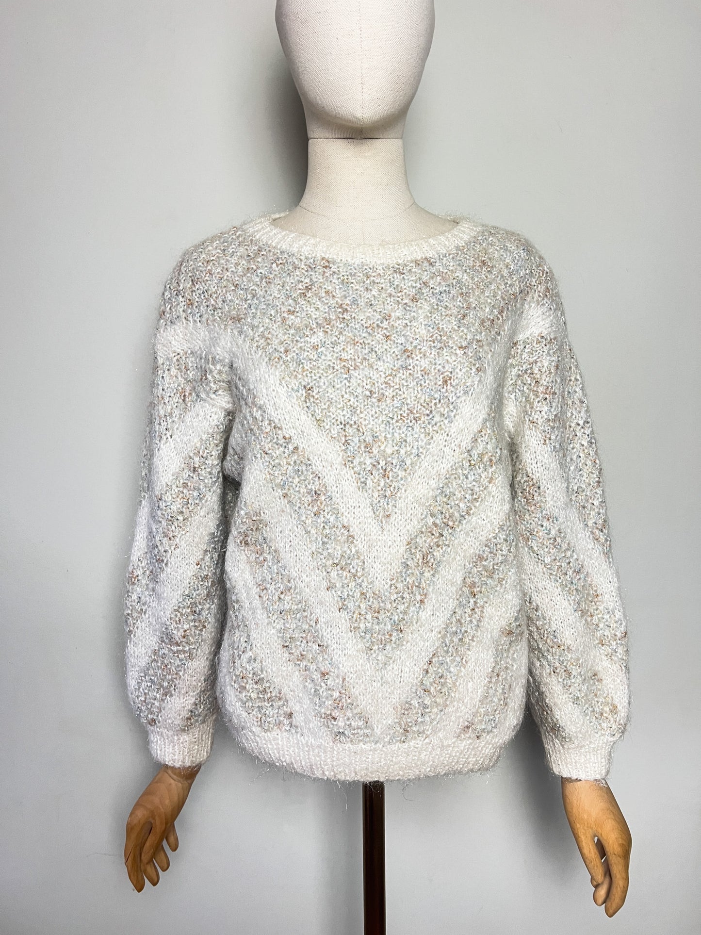 Pull Vintage Tricoté Main - Laine & Fils Métallisés Scintillants - Coupe Courte T 38 (M)