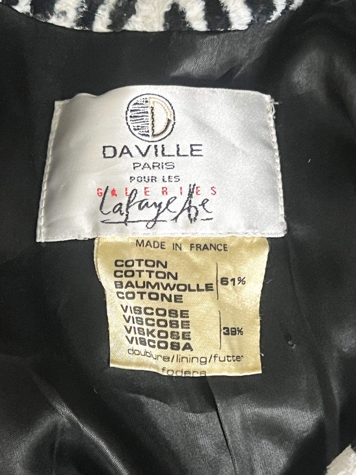 Manteau Léger Vintage Années 80 Motifs Zèbre- Fausse Fourrure en Viscose et Coton Daville pour Galeries Lafayette T 40