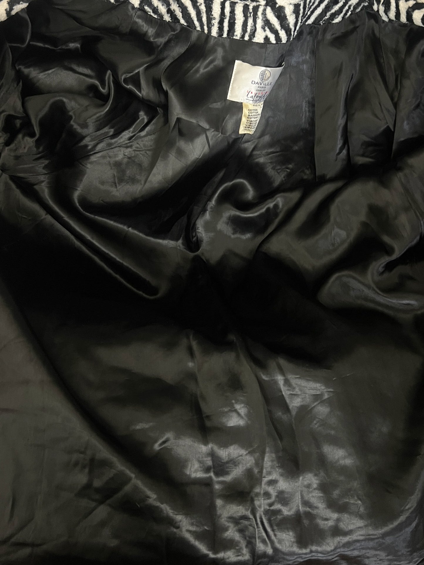 Manteau Léger Vintage Années 80 Motifs Zèbre- Fausse Fourrure en Viscose et Coton Daville pour Galeries Lafayette T 40
