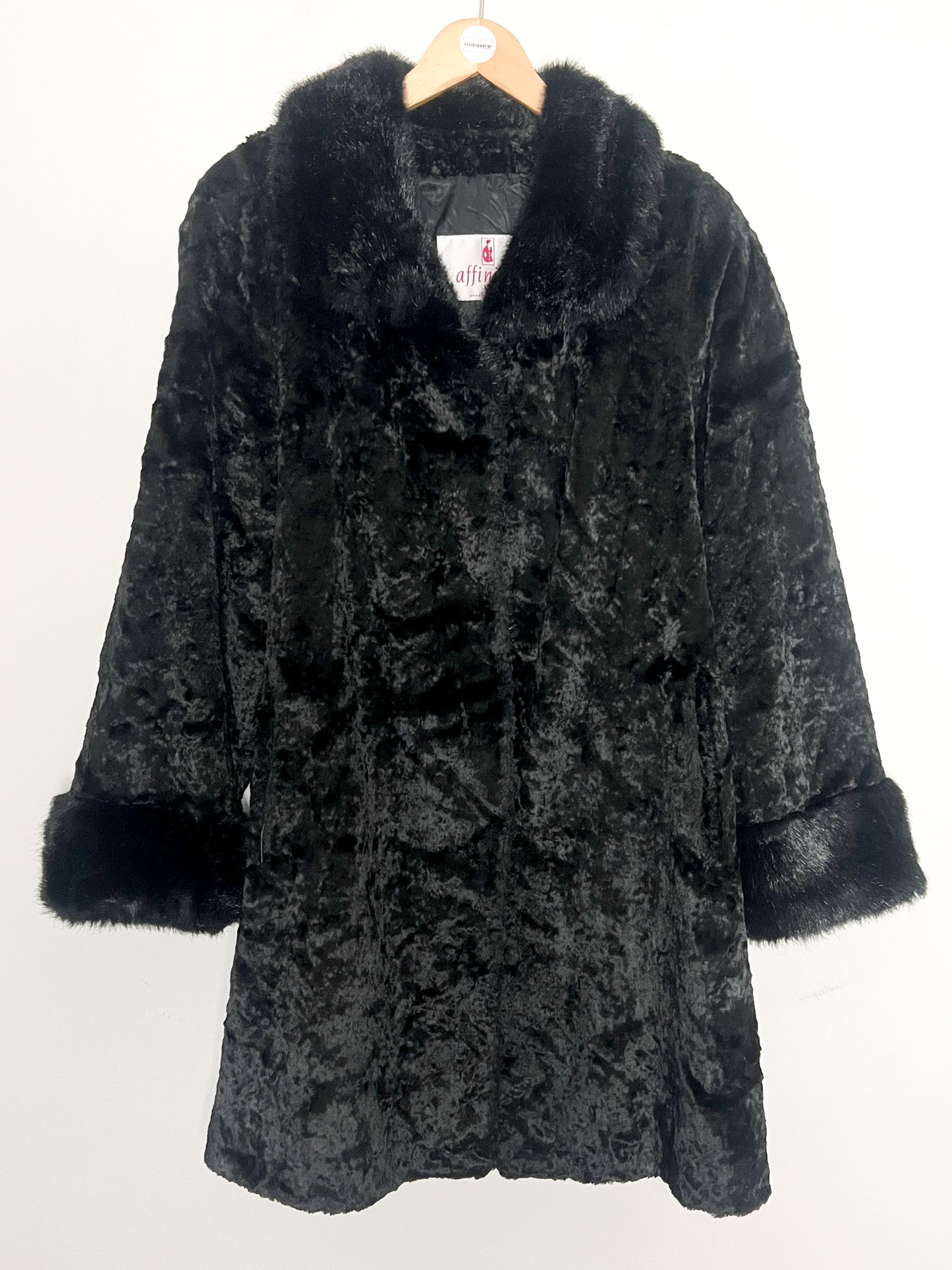 Manteau Vintage Années 80 90 Fausse Fourrure Astrakan Noir - Col/Poignets fausse fourrure poils plus Longs -T36/38