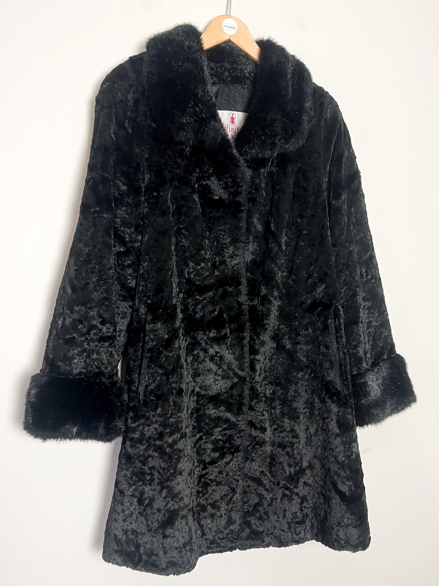 Manteau Vintage Années 80 90 Fausse Fourrure Astrakan Noir - Col/Poignets fausse fourrure poils plus Longs -T36/38