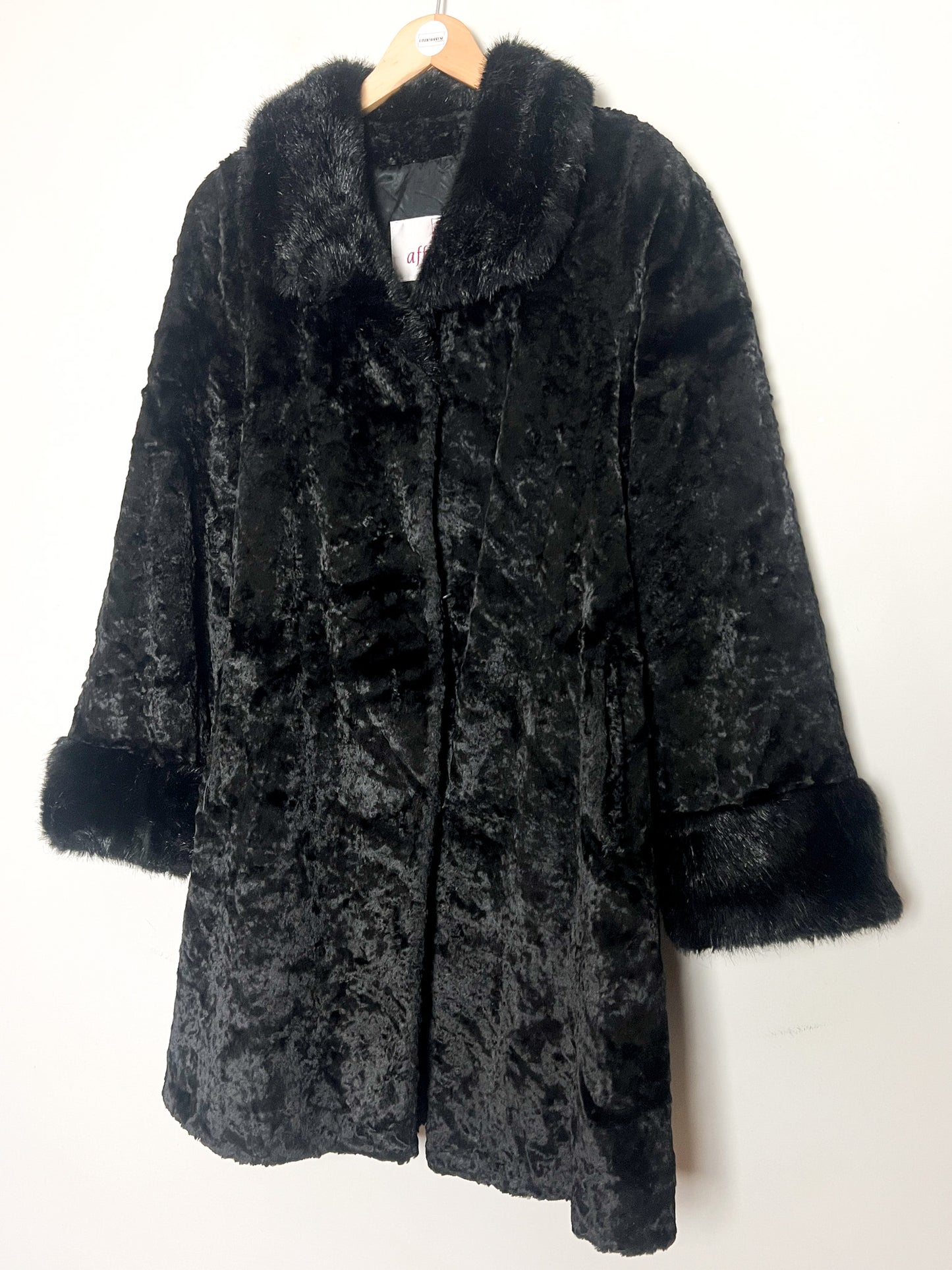 Manteau Vintage Années 80 90 Fausse Fourrure Astrakan Noir - Col/Poignets fausse fourrure poils plus Longs -T36/38