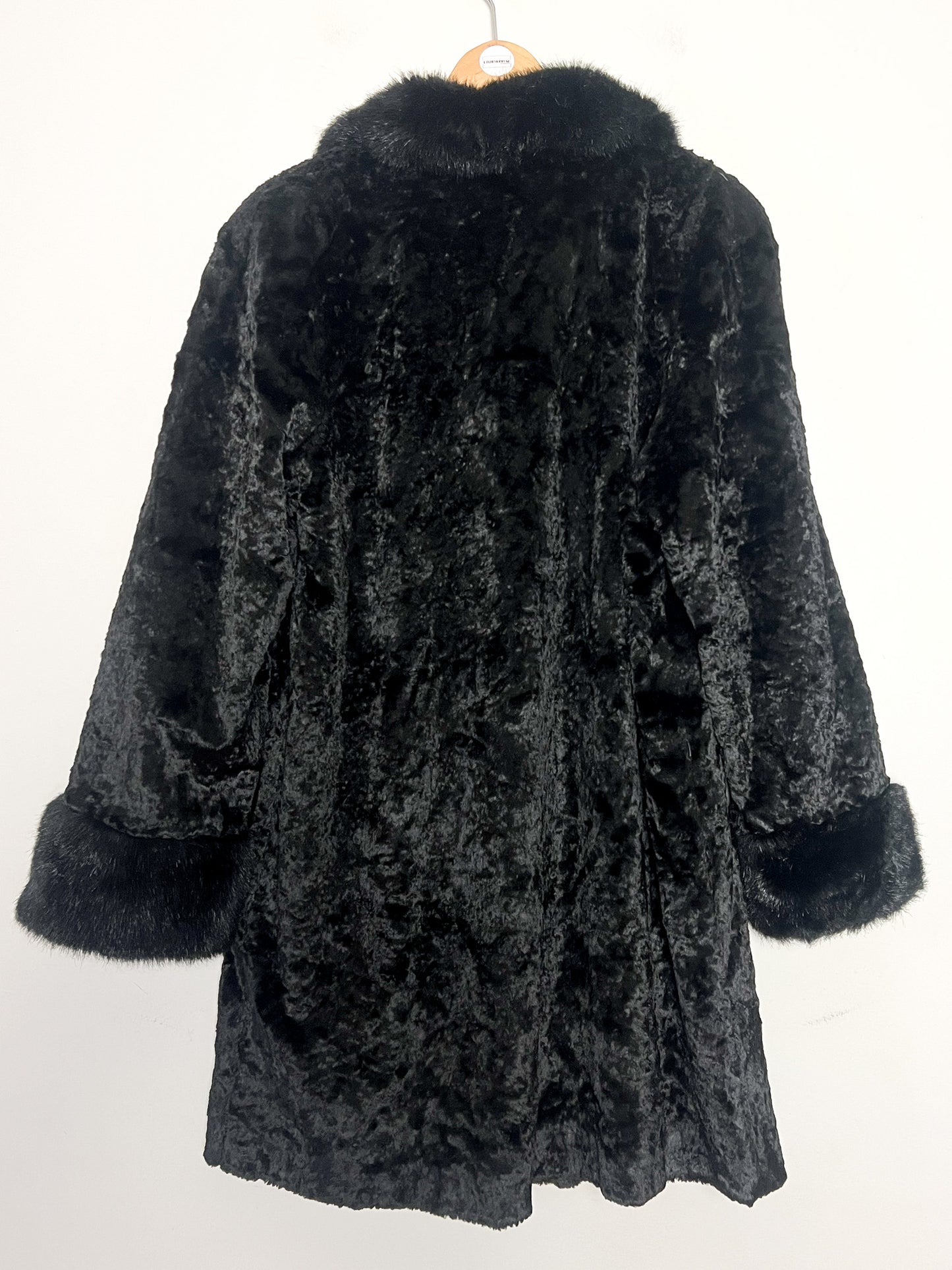 Manteau Vintage Années 80 90 Fausse Fourrure Astrakan Noir - Col/Poignets fausse fourrure poils plus Longs -T36/38