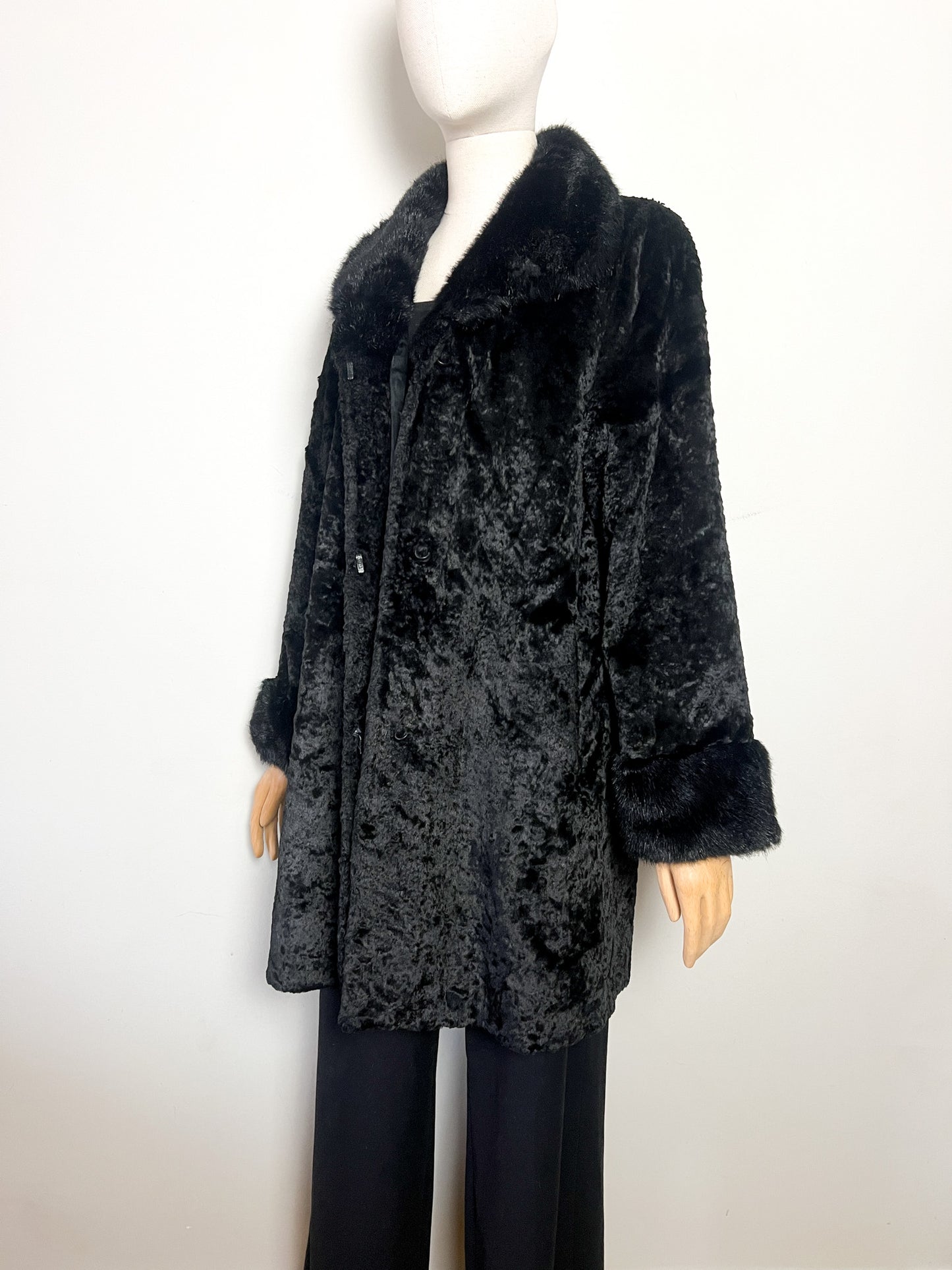 Manteau Vintage Années 80 90 Fausse Fourrure Astrakan Noir - Col/Poignets fausse fourrure poils plus Longs -T36/38