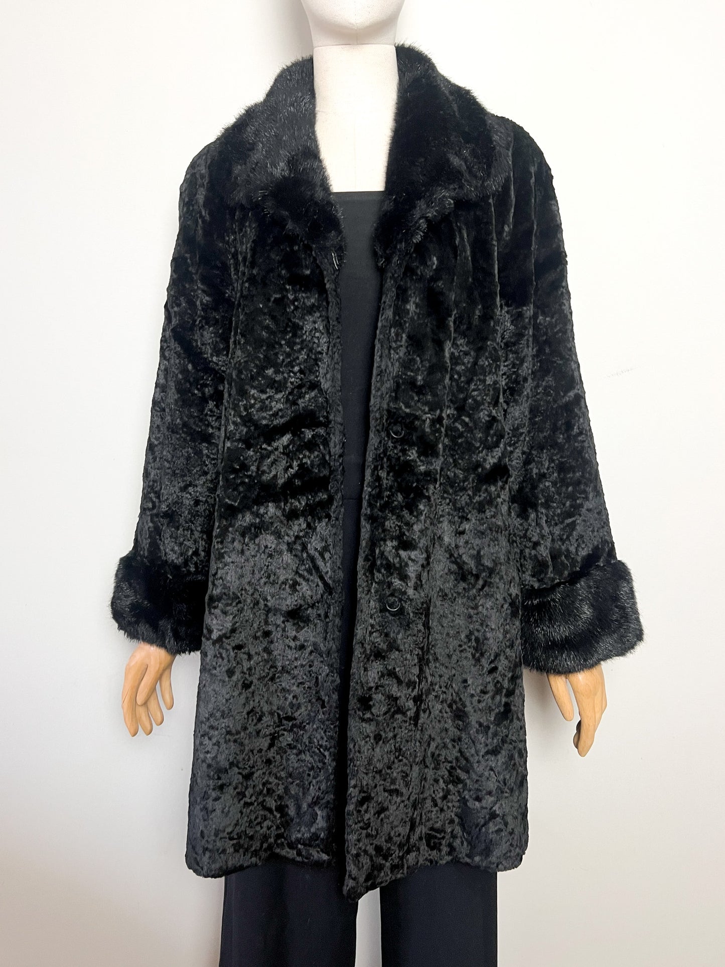 Manteau Vintage Années 80 90 Fausse Fourrure Astrakan Noir - Col/Poignets fausse fourrure poils plus Longs -T36/38