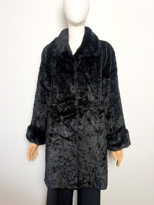 Manteau Vintage Années 80 90 Fausse Fourrure Astrakan Noir - Col/Poignets fausse fourrure poils plus Longs -T36/38