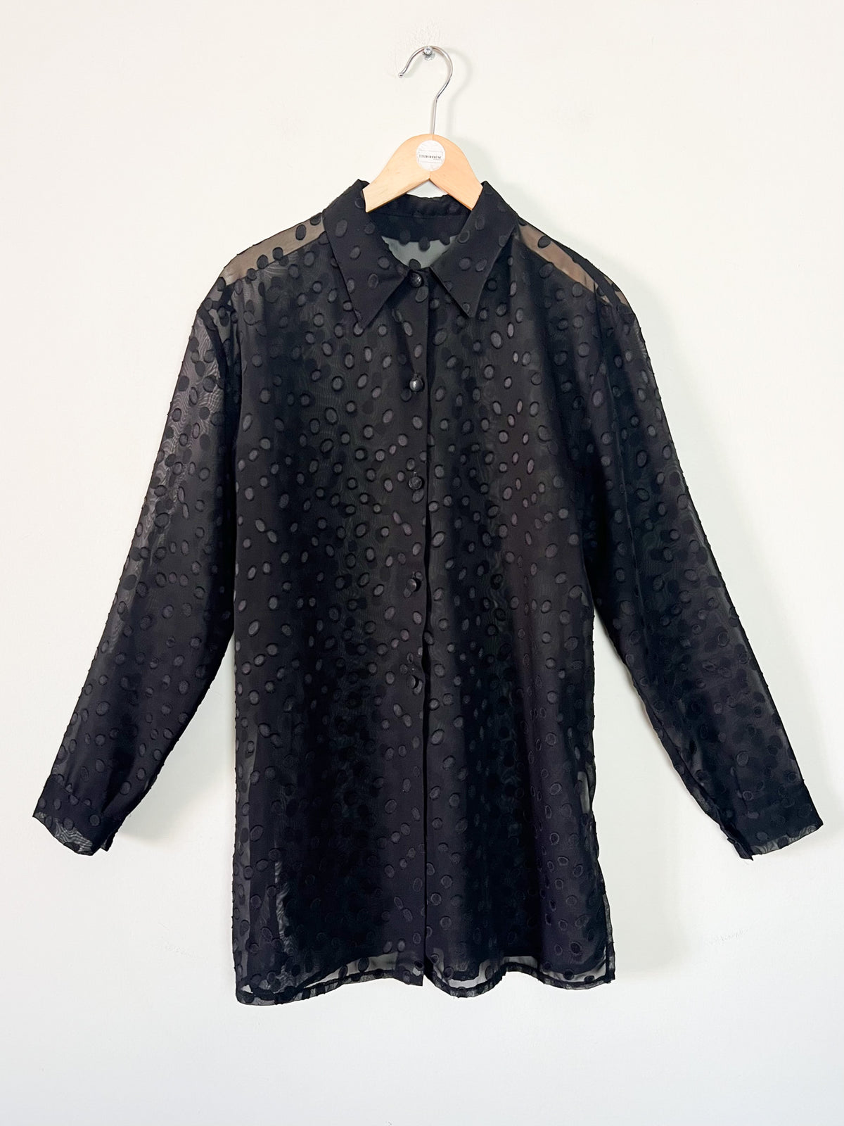 Chemisier long tunique voile transparent noir motifs relief Vintage années 90 T. 42/44