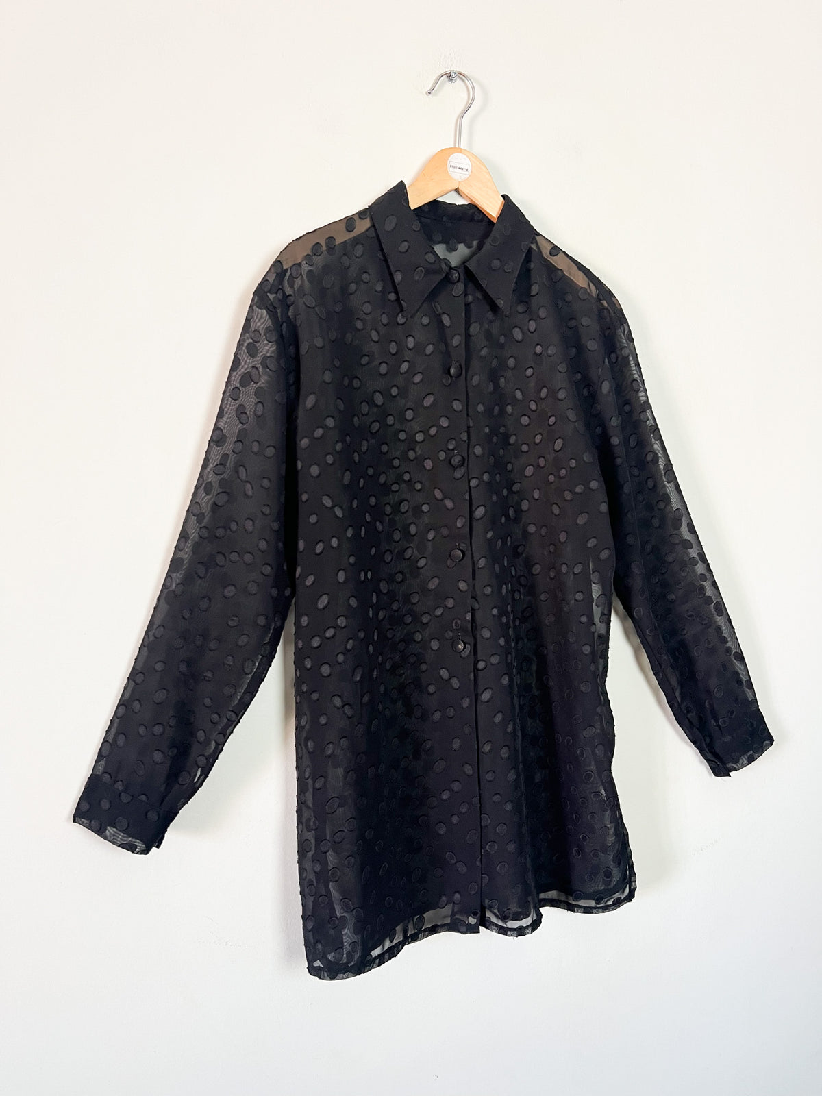 Chemisier long tunique voile transparent noir motifs relief Vintage années 90 T. 42/44