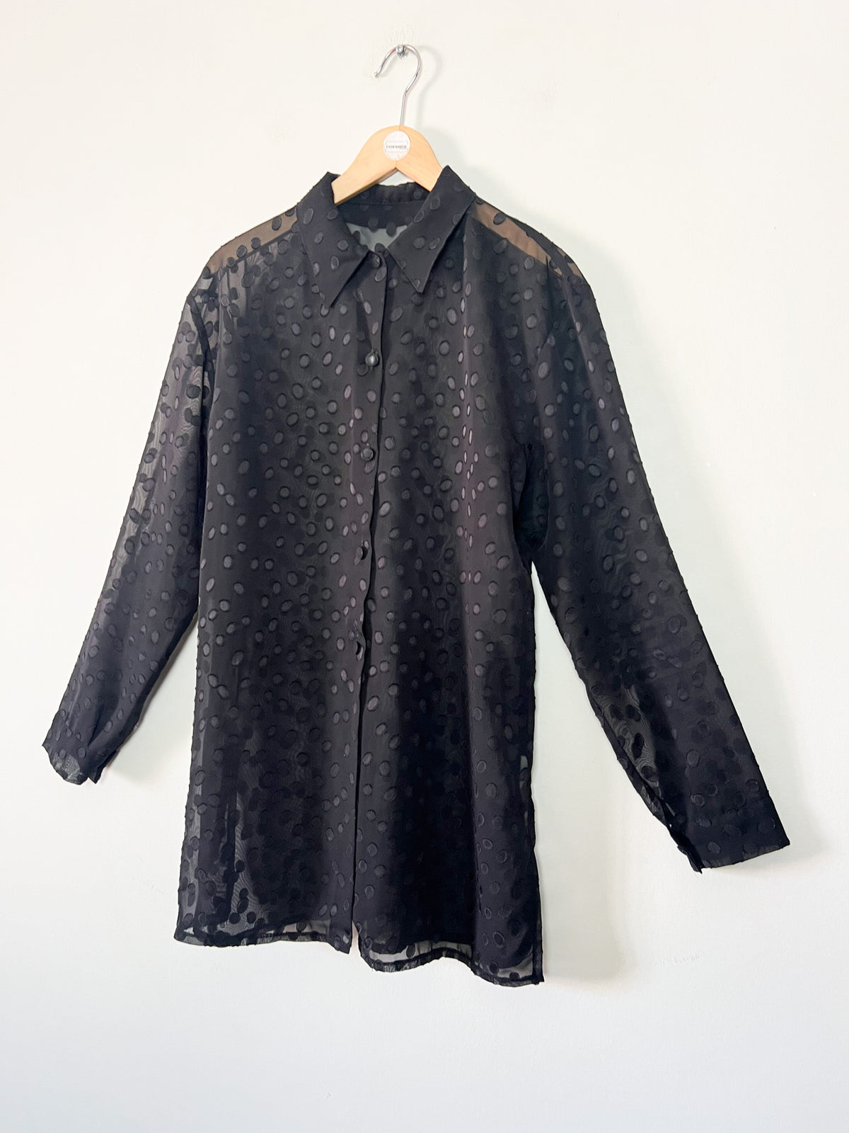 Chemisier long tunique voile transparent noir motifs relief Vintage années 90 T. 42/44