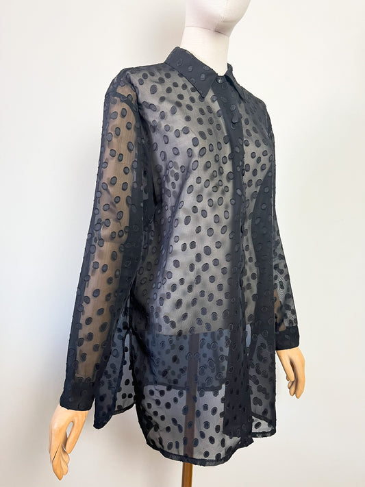 Chemisier long tunique voile transparent noir motifs relief Vintage années 90 T. 42/44