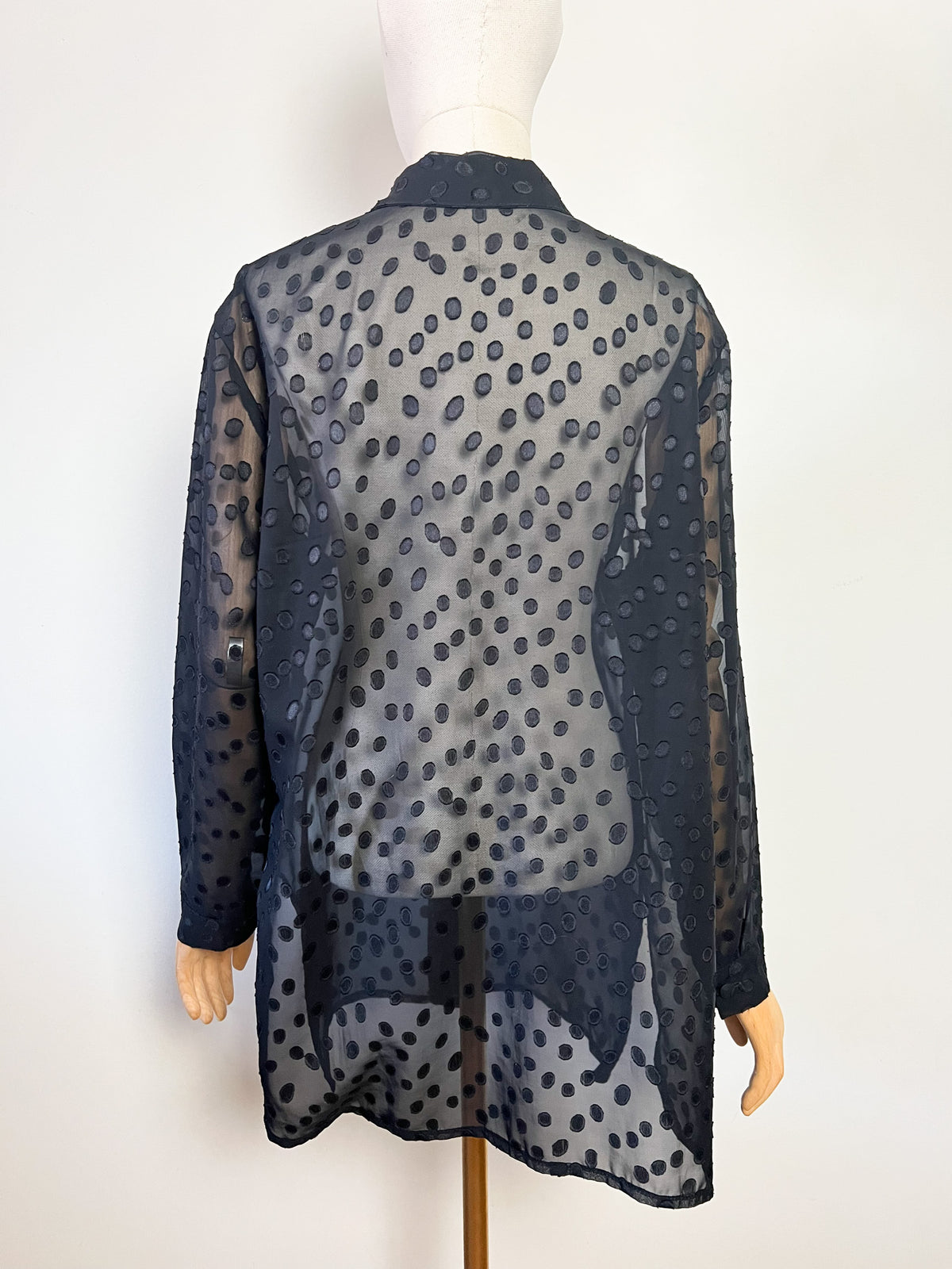 Chemisier long tunique voile transparent noir motifs relief Vintage années 90 T. 42/44