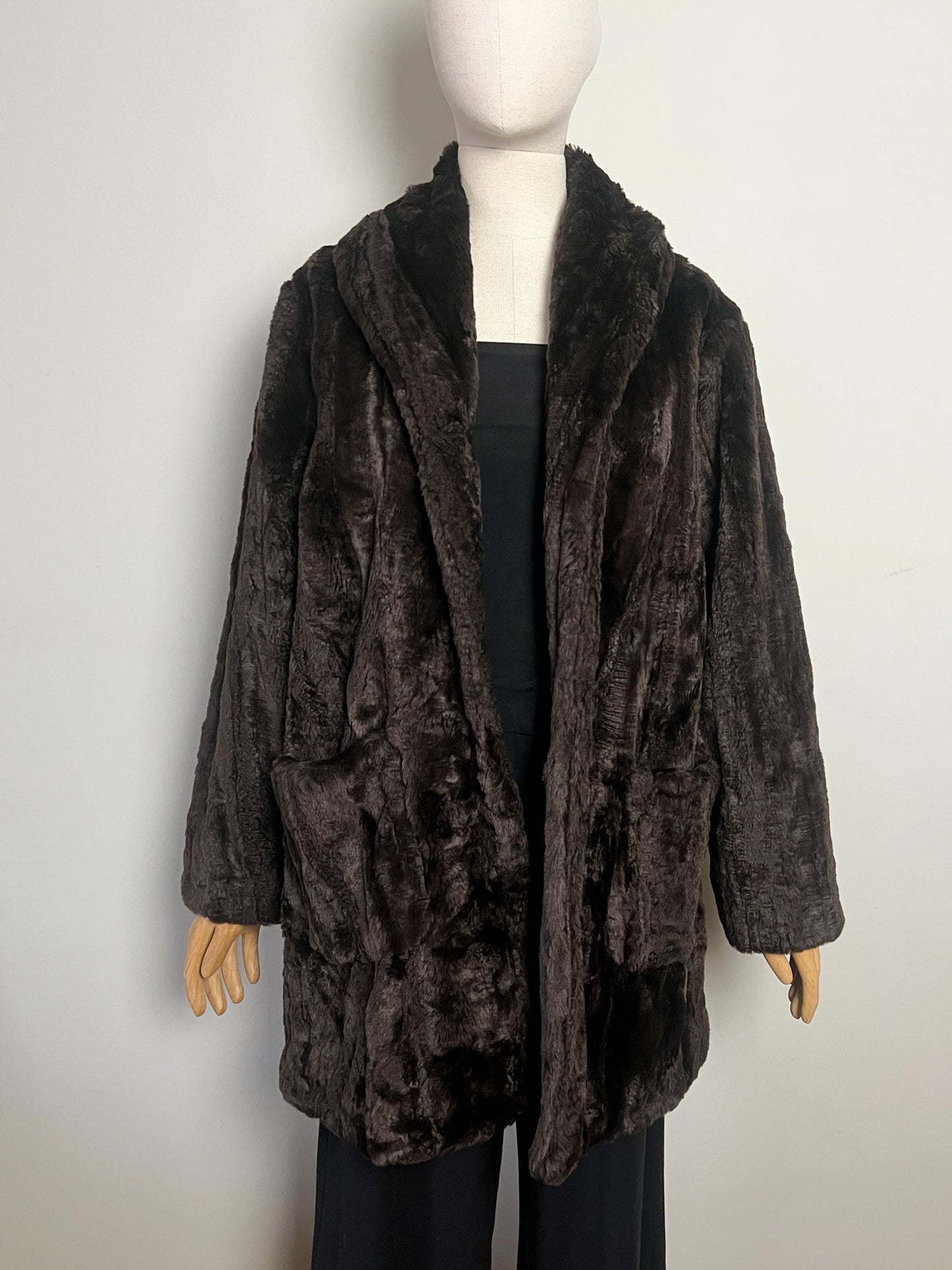 Manteau Vintage Années 80 90 Fausse Fourrure Polyacrylique Marron Col Châle Rétro - T36 Oversize