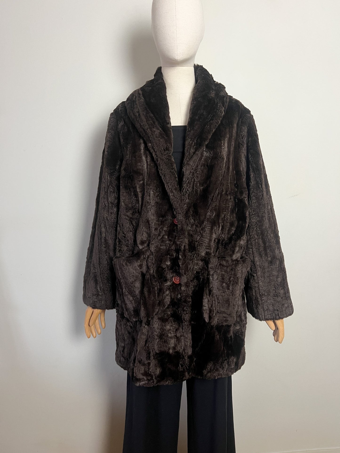 Manteau Vintage Années 80 90 Fausse Fourrure Polyacrylique Marron Col Châle Rétro - T36 Oversize