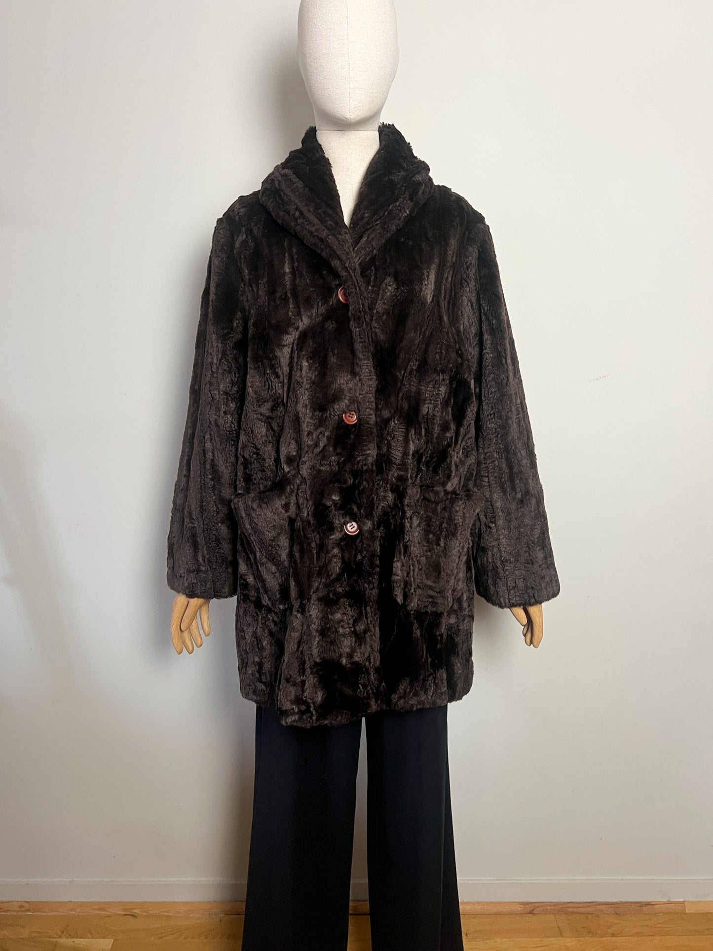 Manteau Vintage Années 80 90 Fausse Fourrure Polyacrylique Marron Col Châle Rétro - T36 Oversize