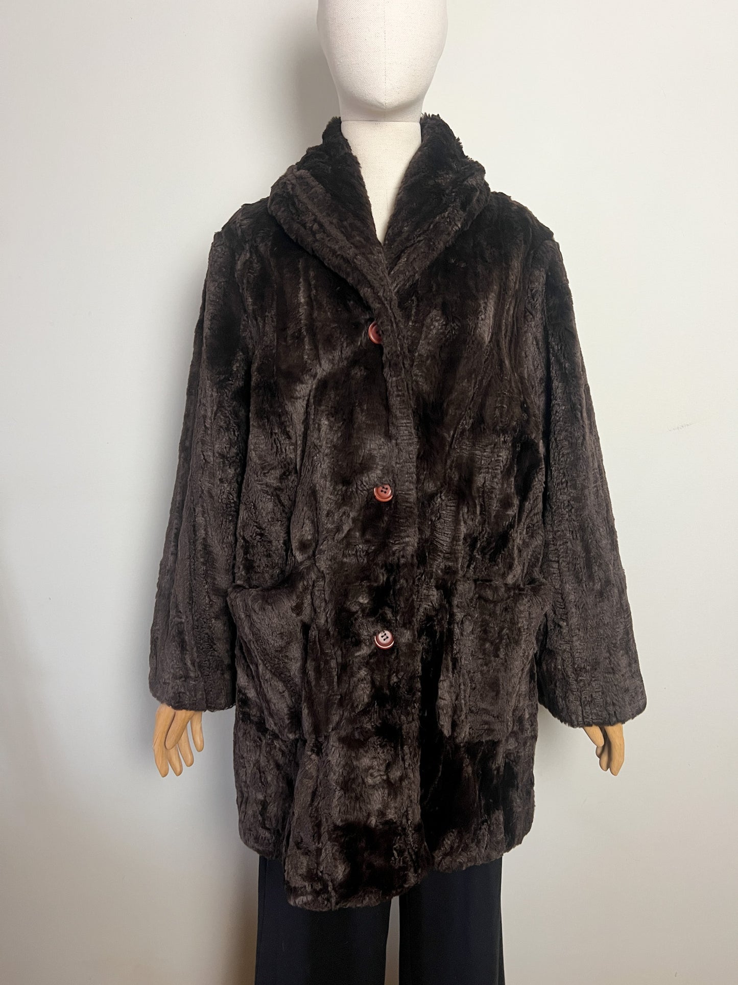 Manteau Vintage Années 80 90 Fausse Fourrure Polyacrylique Marron Col Châle Rétro - T36 Oversize