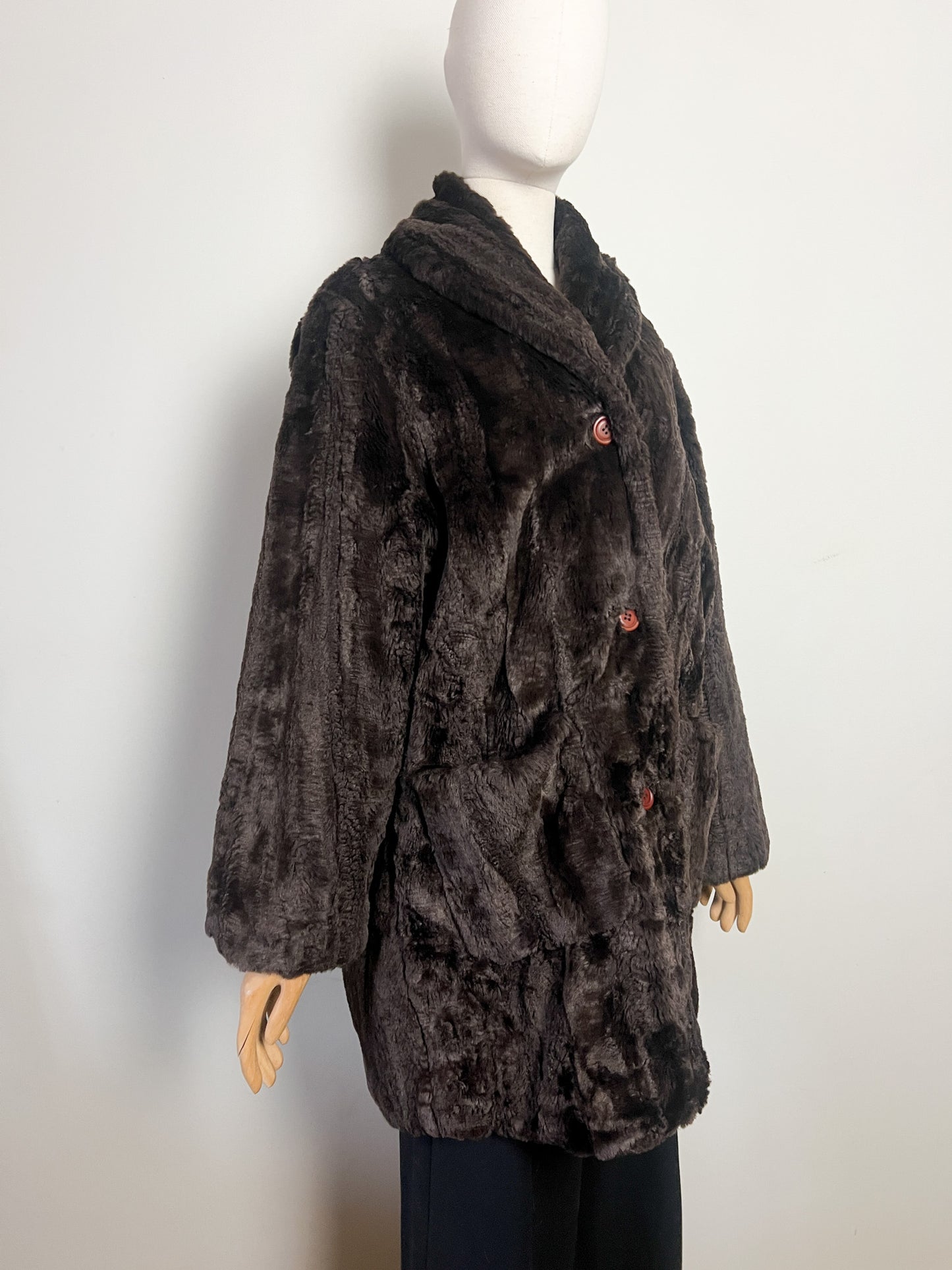 Manteau Vintage Années 80 90 Fausse Fourrure Polyacrylique Marron Col Châle Rétro - T36 Oversize