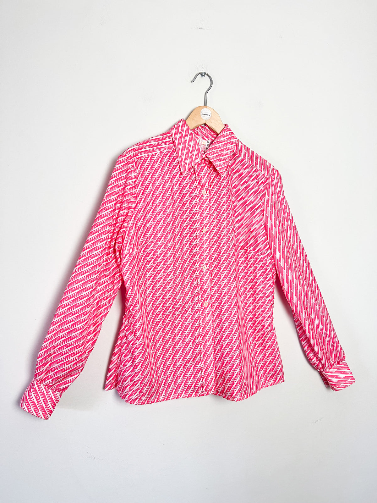 Chemisier vintage 70s imprimé graphique rose fuchsia T. 40 / 42