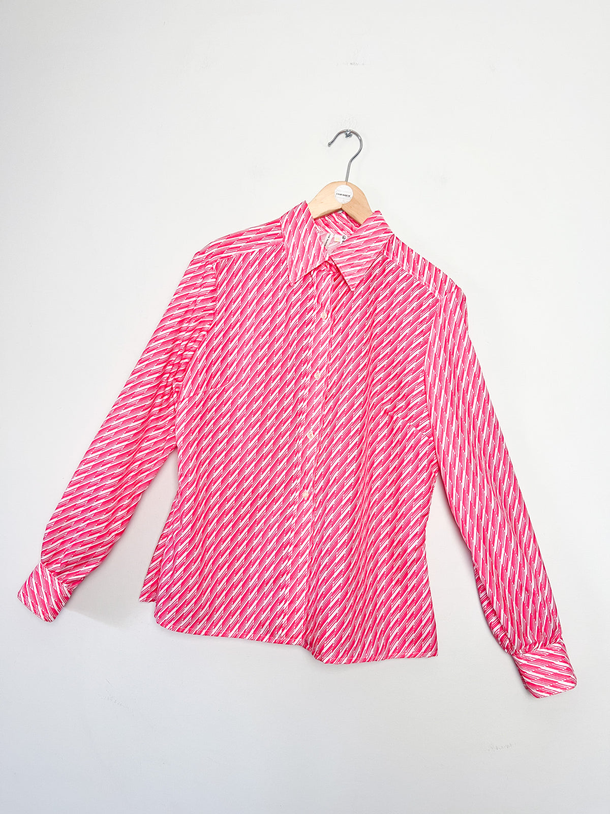 Chemisier vintage 70s imprimé graphique rose fuchsia T. 40 / 42
