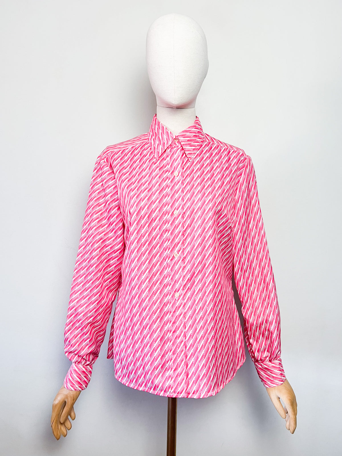 Chemisier vintage 70s imprimé graphique rose fuchsia T. 40 / 42