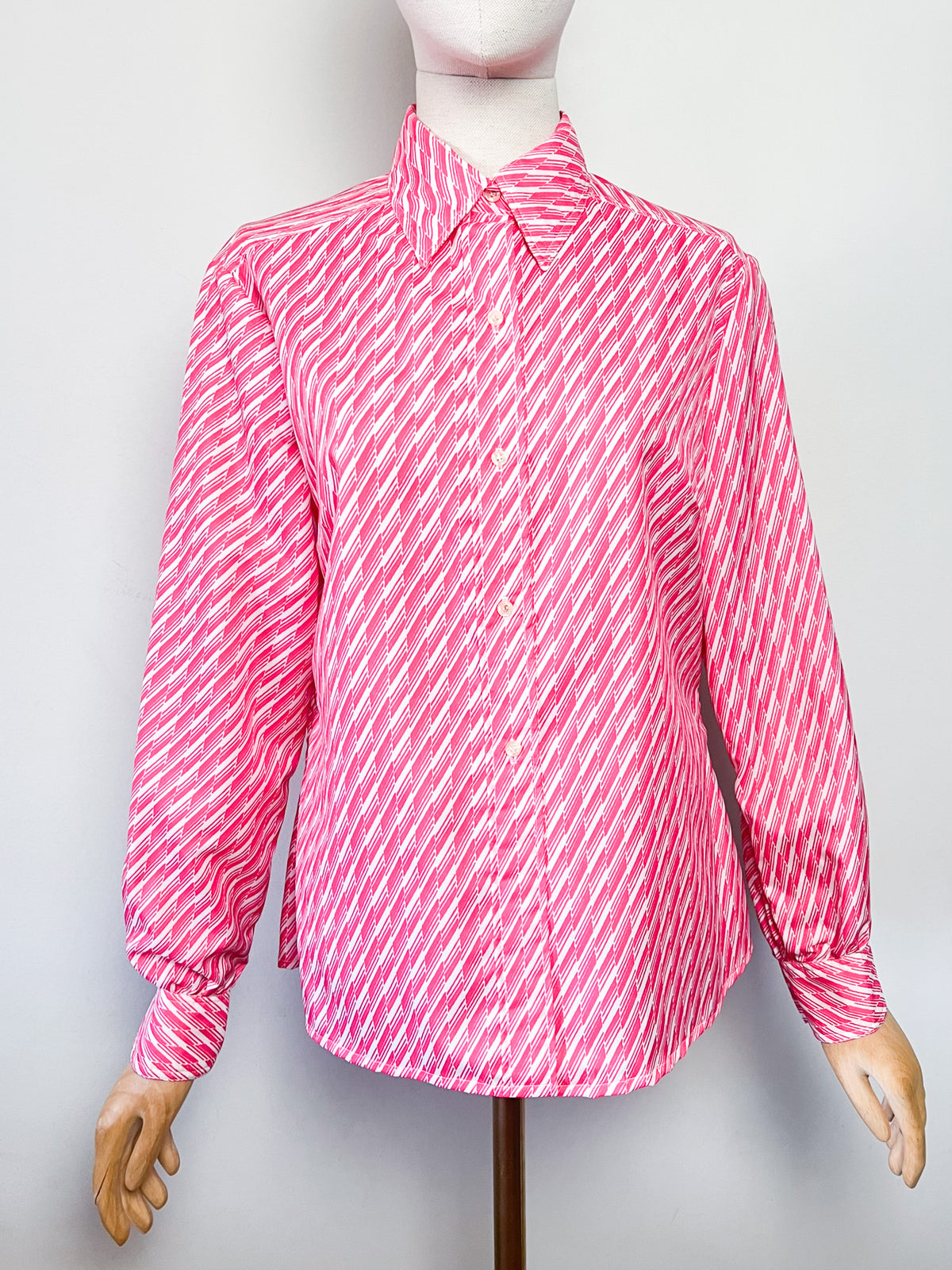 Chemisier vintage 70s imprimé graphique rose fuchsia T. 40 / 42