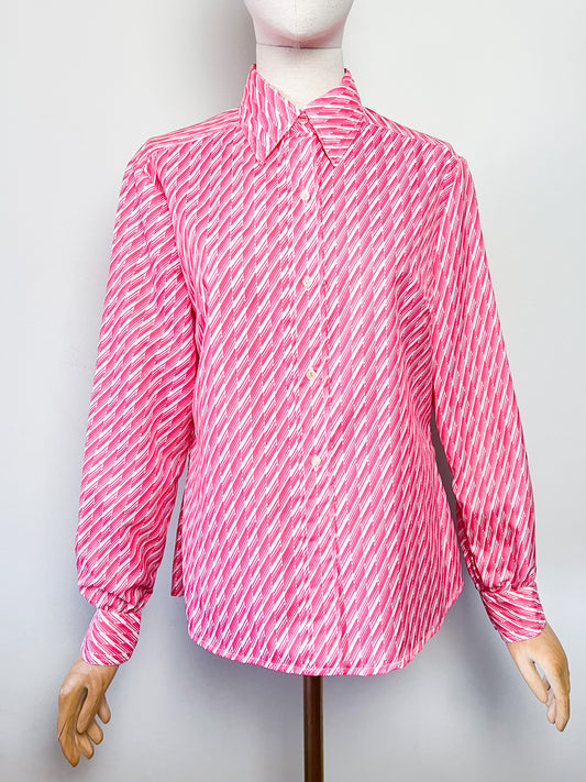 Chemisier vintage 70s imprimé graphique rose fuchsia T. 40 / 42