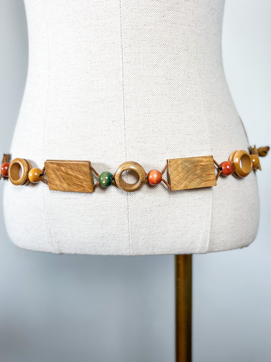 Ceinture Vintage Maillons Bois & Perles Colorées - Ajustable Boho Chic_Années 70