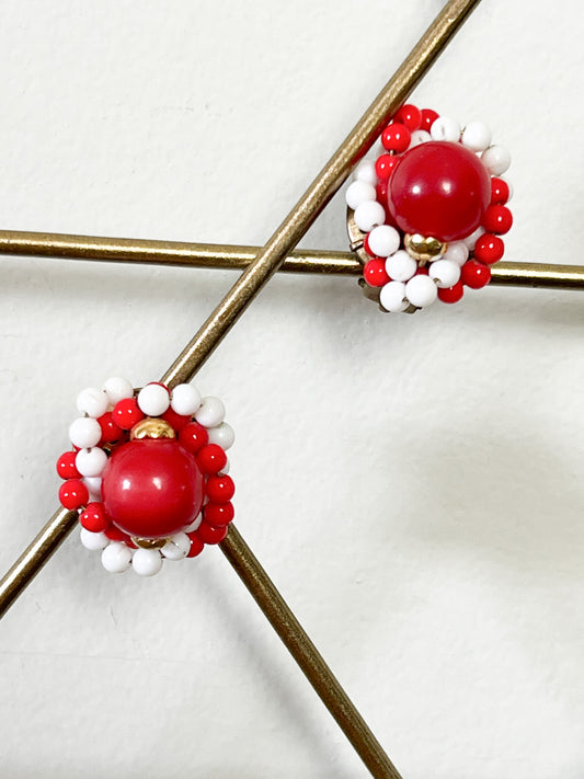 Boucles d'Oreilles Clips Vintage Perles Rouges & Blanches - Style Bonbon Pop - Années 60/70 - Bijou Fantaisie Rétro