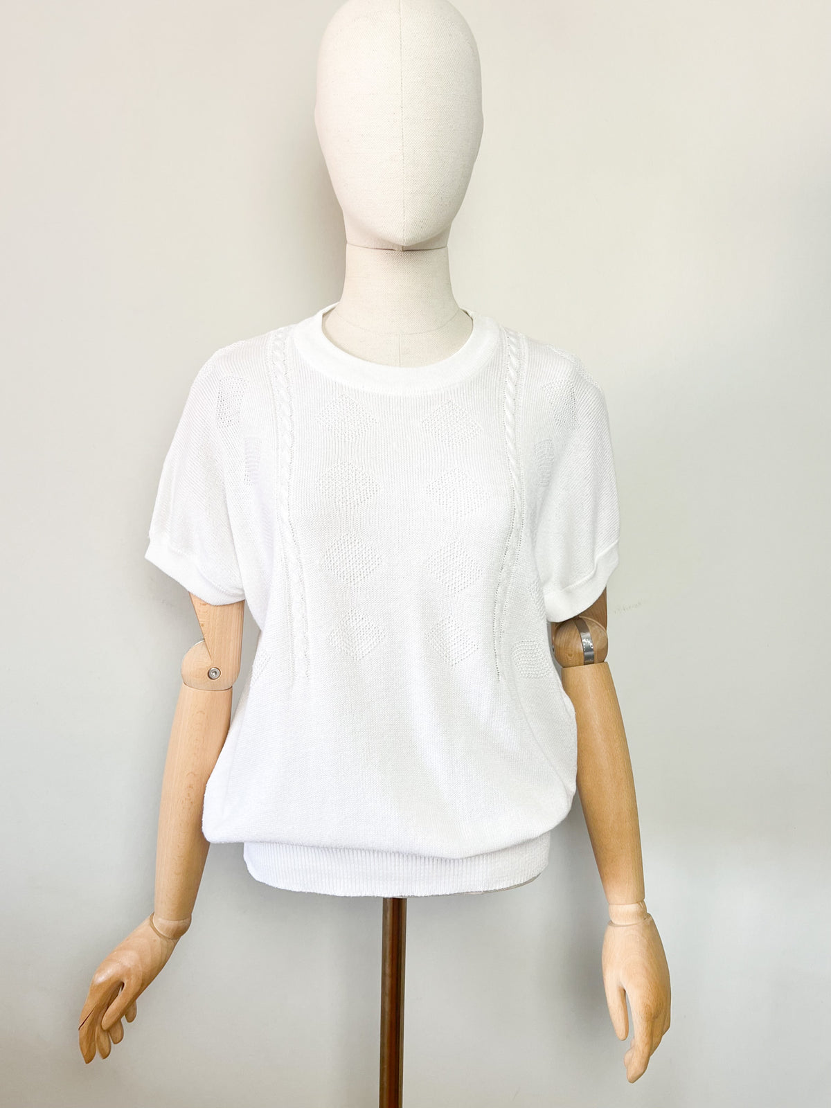 Pull fin manches courtes blanc vintage années 80 maille ajourée T M/L