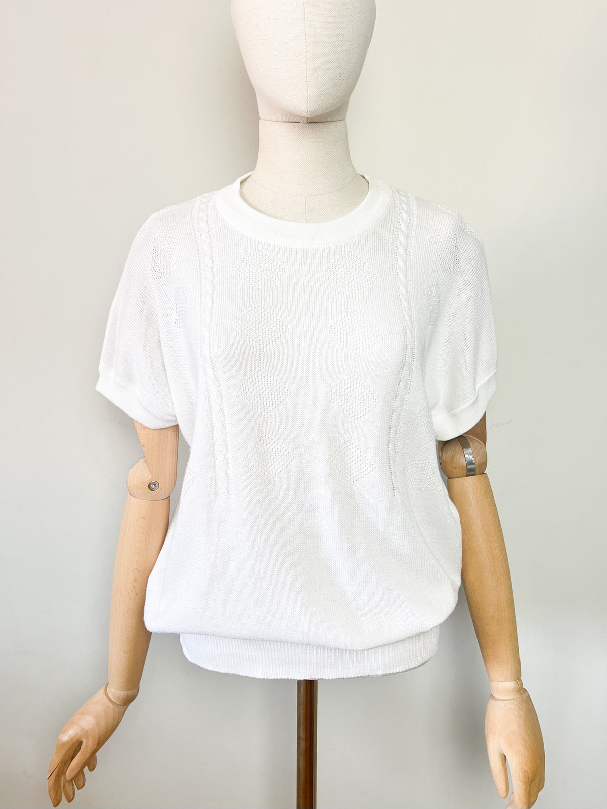 Pull fin manches courtes blanc vintage années 80 maille ajourée T M/L