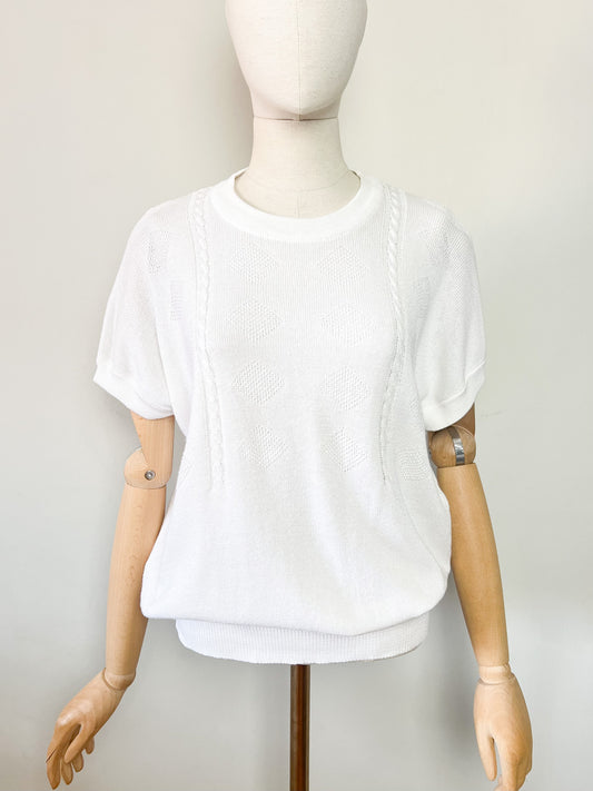 Pull fin manches courtes blanc vintage années 80 maille ajourée T M/L