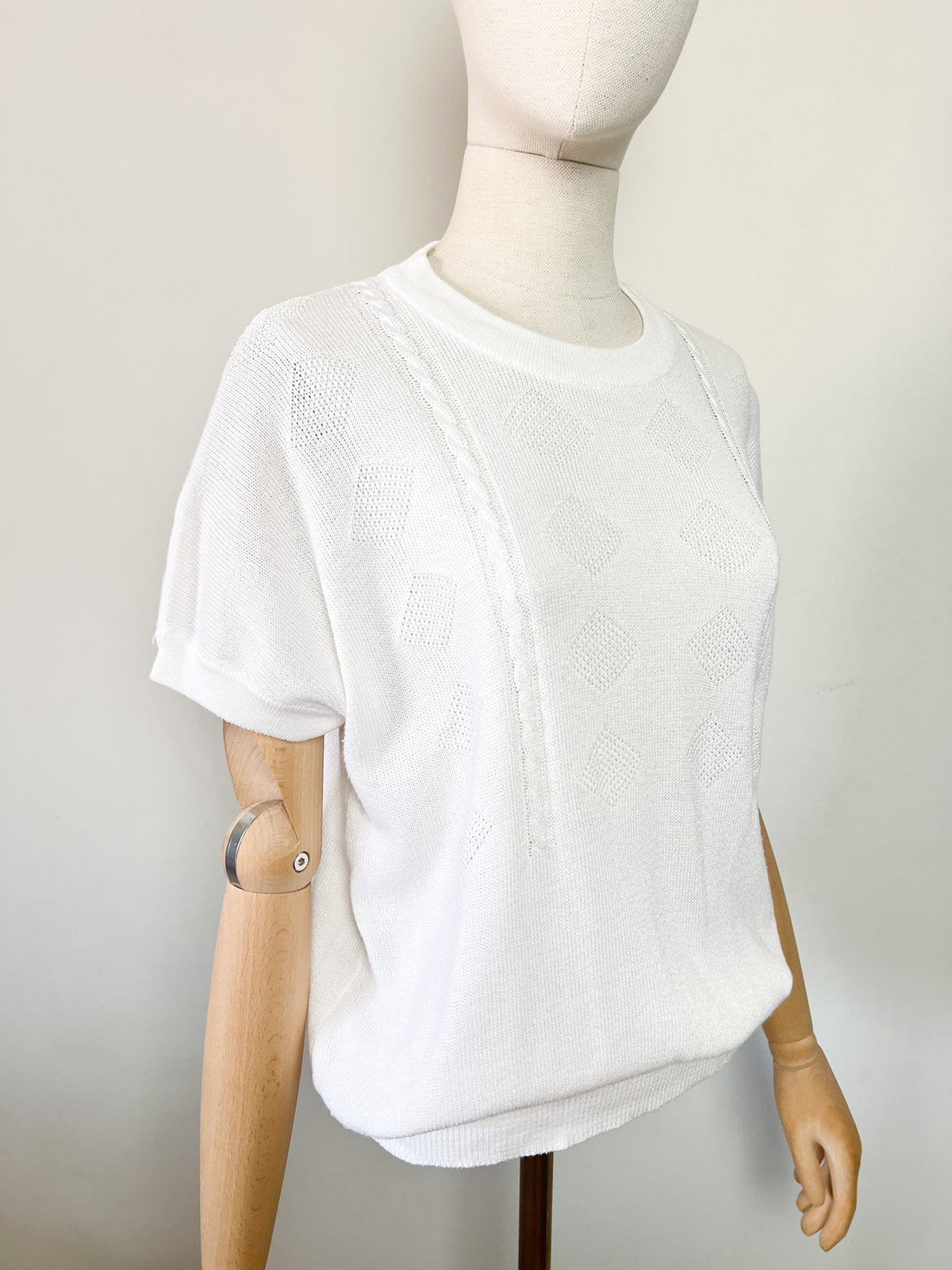 Pull fin manches courtes blanc vintage années 80 maille ajourée T M/L