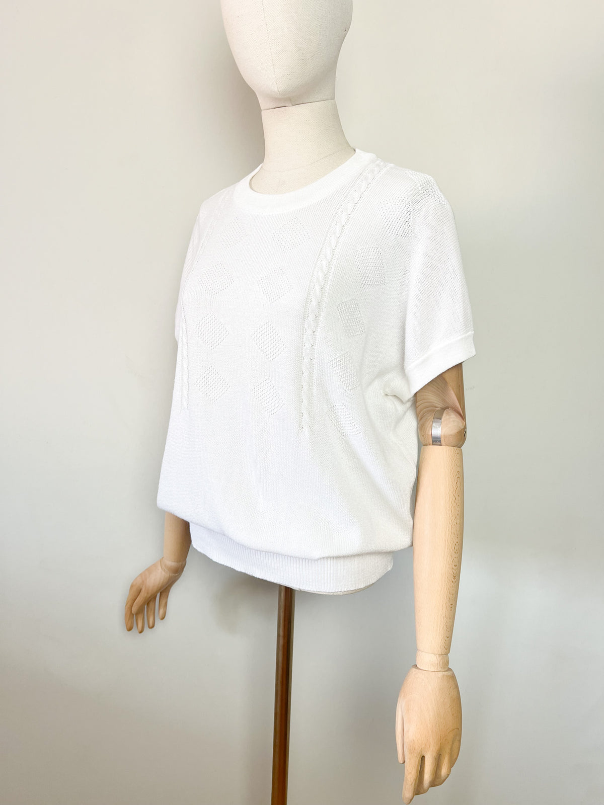 Pull fin manches courtes blanc vintage années 80 maille ajourée T M/L