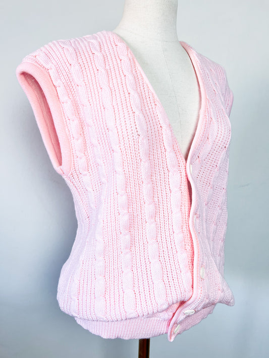 Gilet sans manches vintage 80s— Rose poudré à torsades (Taille 2 / 38-40)
