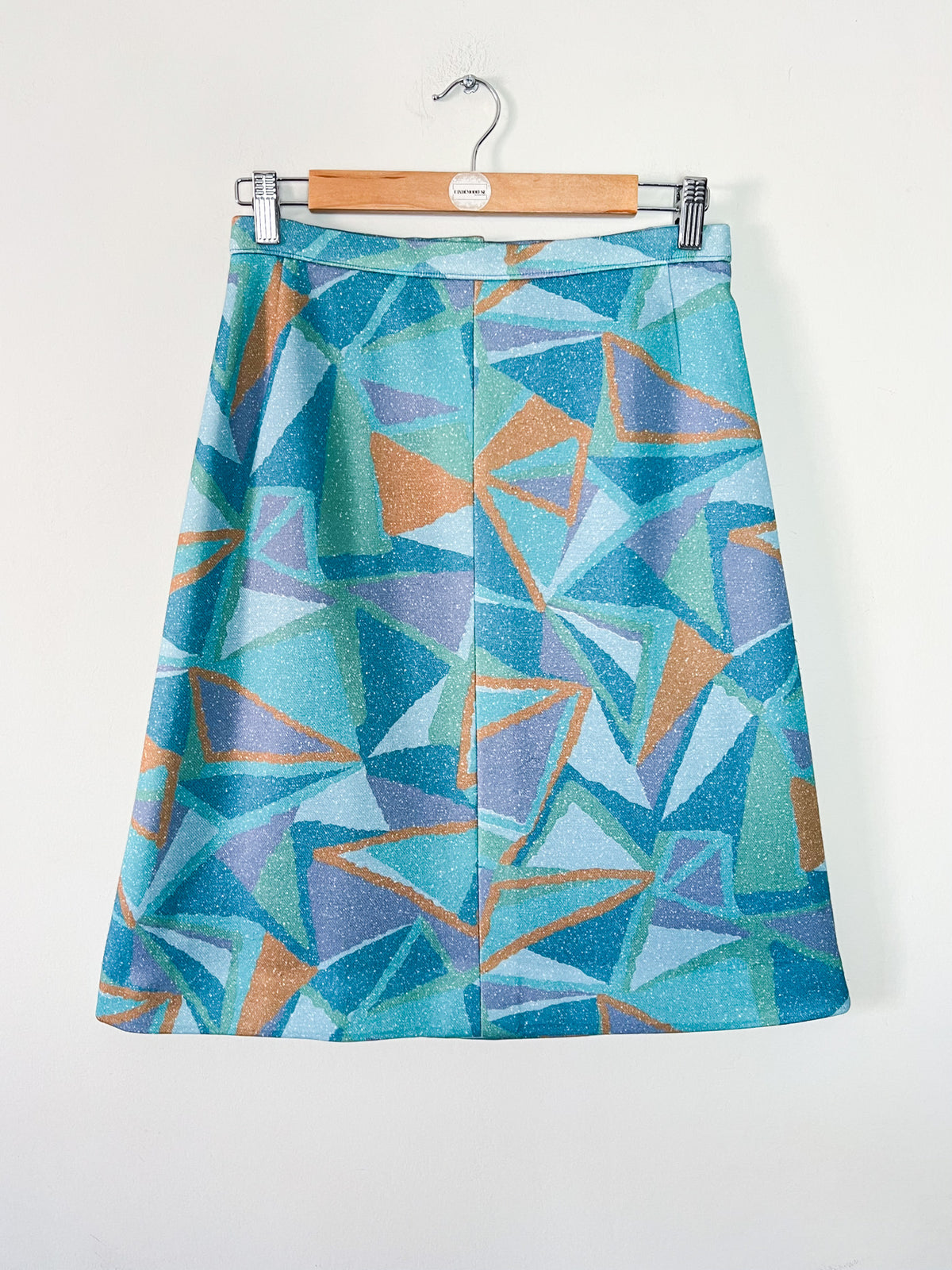 Jupe trapeze vintage 70s à motif géométrique — Vert d'eau, bleu & ocre (Taille 36/38