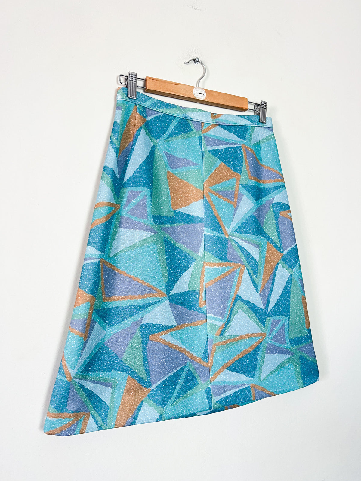 Jupe trapeze vintage 70s à motif géométrique — Vert d'eau, bleu & ocre (Taille 36/38