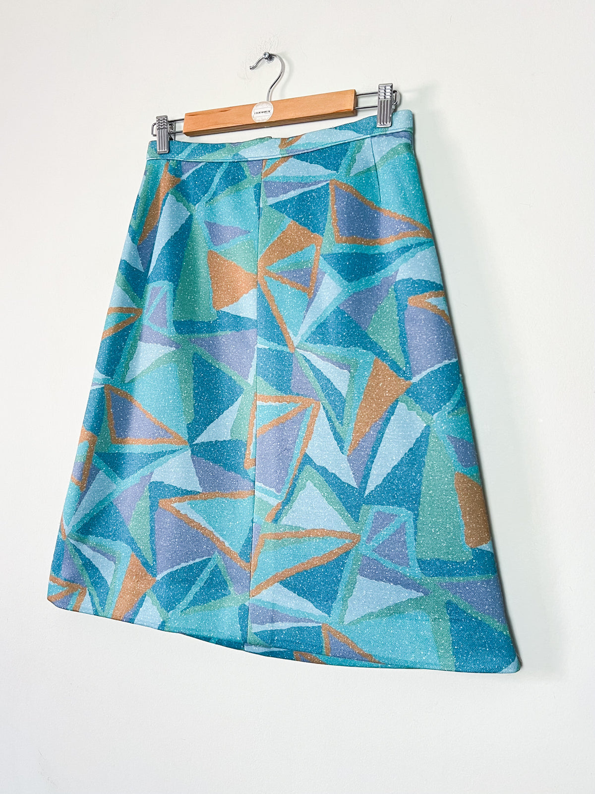 Jupe trapeze vintage 70s à motif géométrique — Vert d'eau, bleu & ocre (Taille 36/38