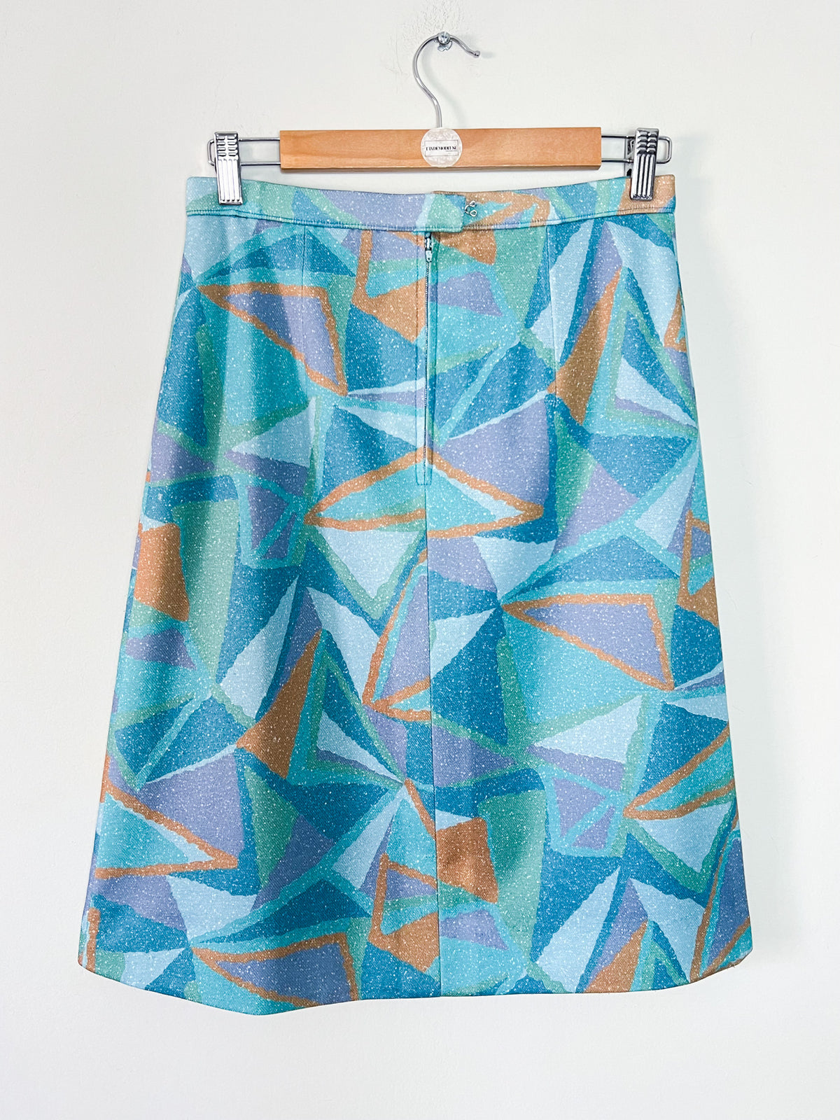 Jupe trapeze vintage 70s à motif géométrique — Vert d'eau, bleu & ocre (Taille 36/38