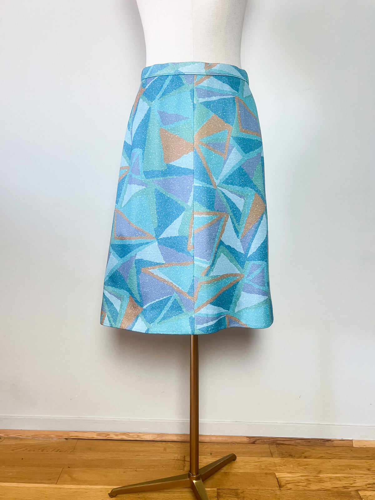 Jupe trapeze vintage 70s à motif géométrique — Vert d'eau, bleu & ocre (Taille 36/38