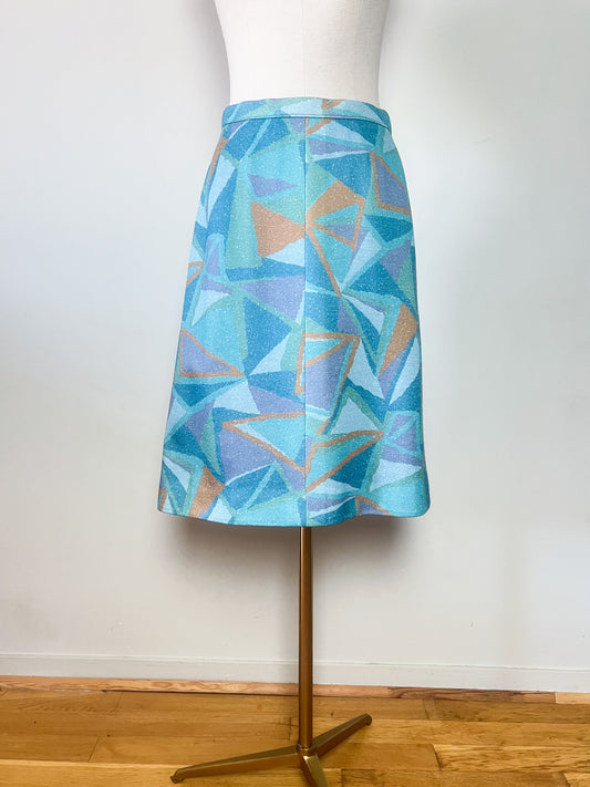 Jupe trapeze vintage 70s à motif géométrique — Vert d'eau, bleu & ocre (Taille 36/38