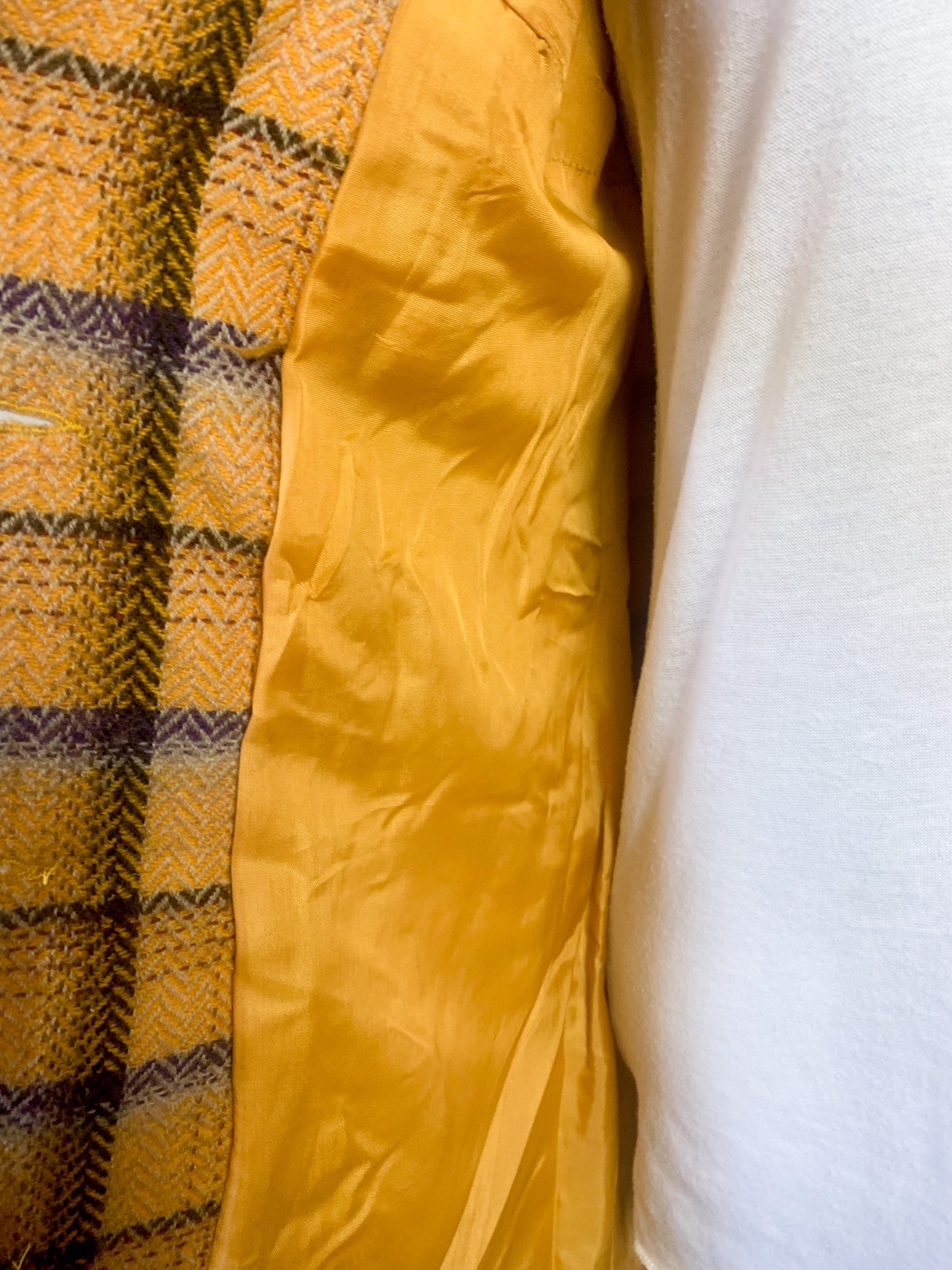 Veste-Manteau Tara Jarmon Alpine Vintage - 100% Laine Carreaux Moutarde & Violet - Fabriqué en France - T. 38